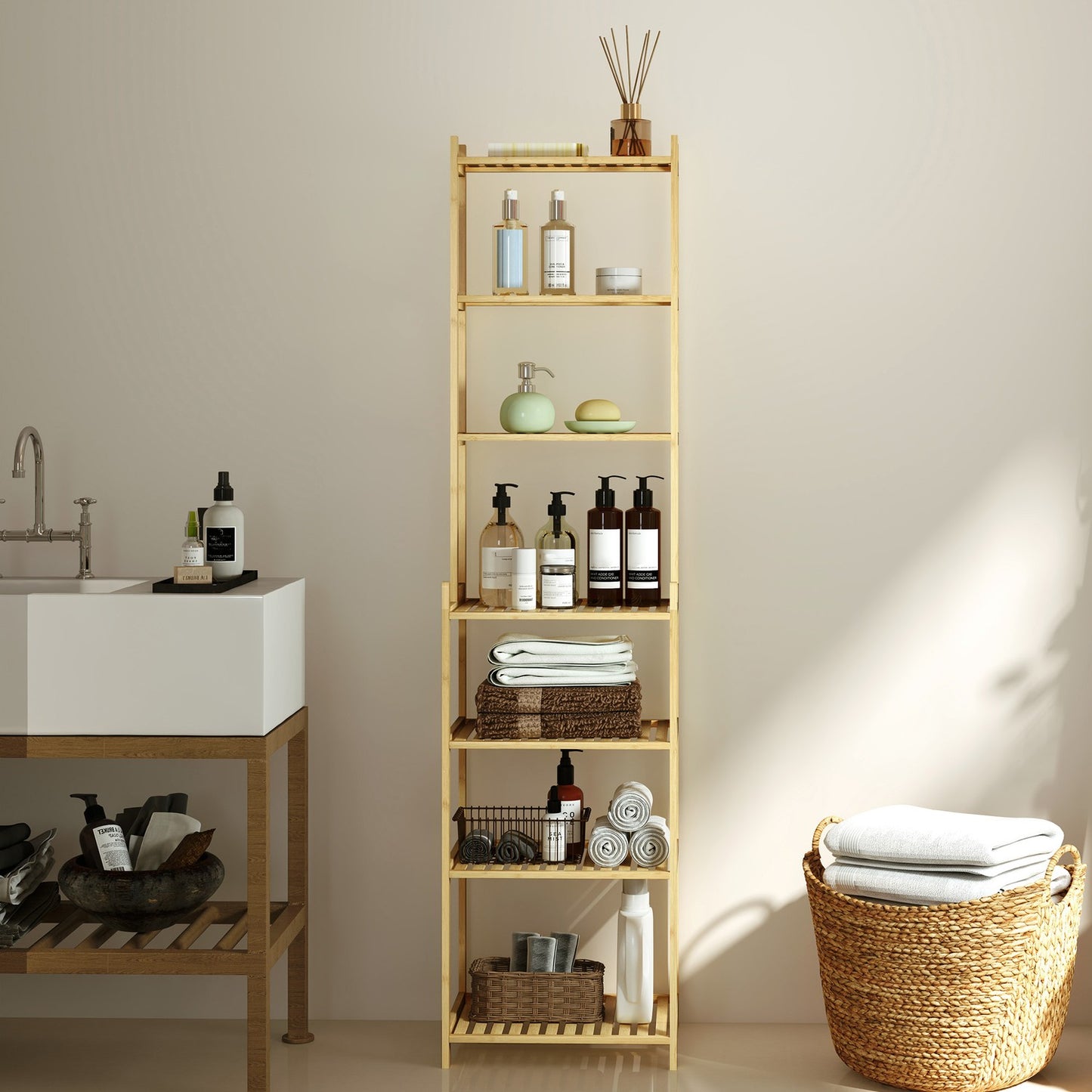 Bamboo Bathroom Shelf - 7-Tier Freestanding Storage Organizer