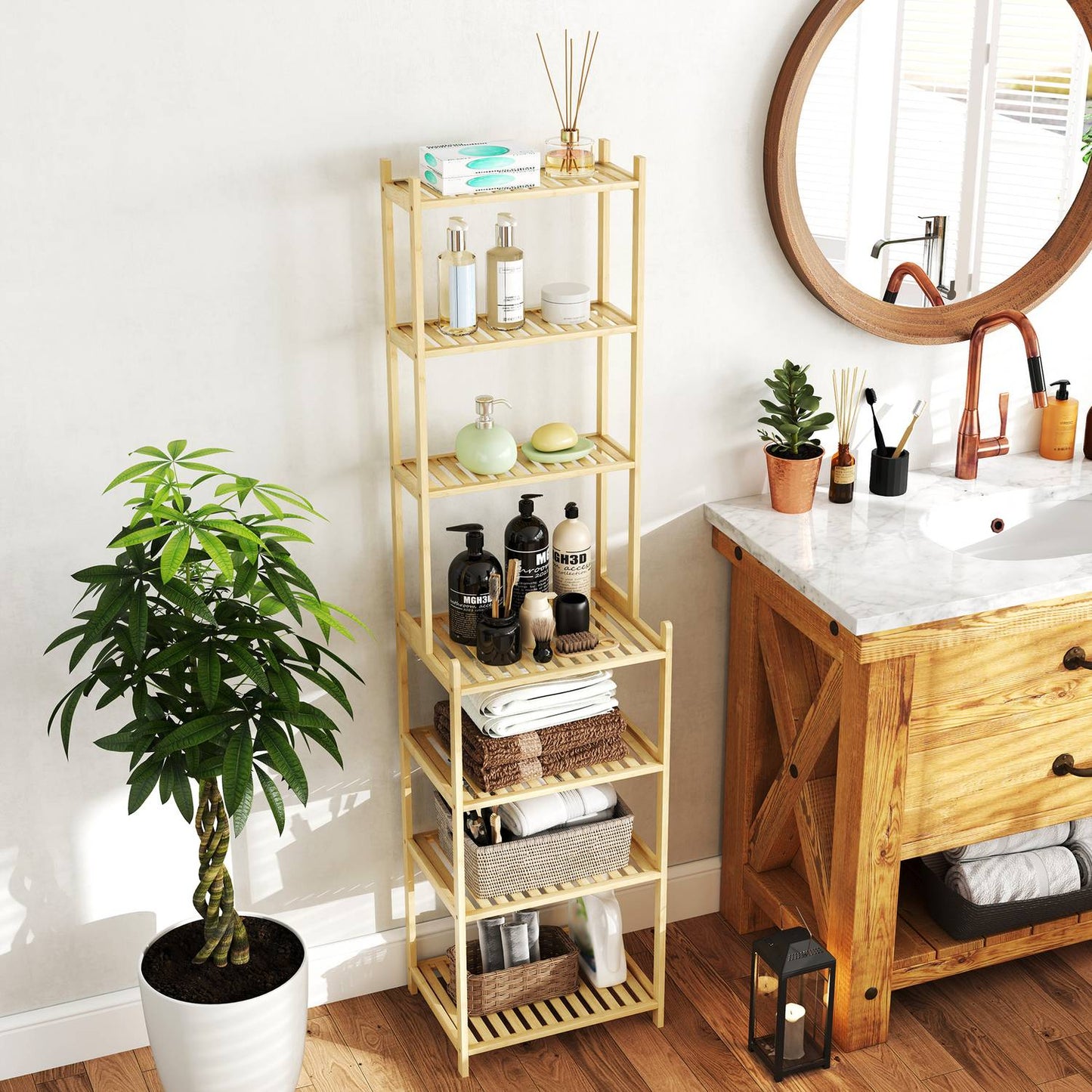 Bamboo Bathroom Shelf - 7-Tier Freestanding Storage Organizer