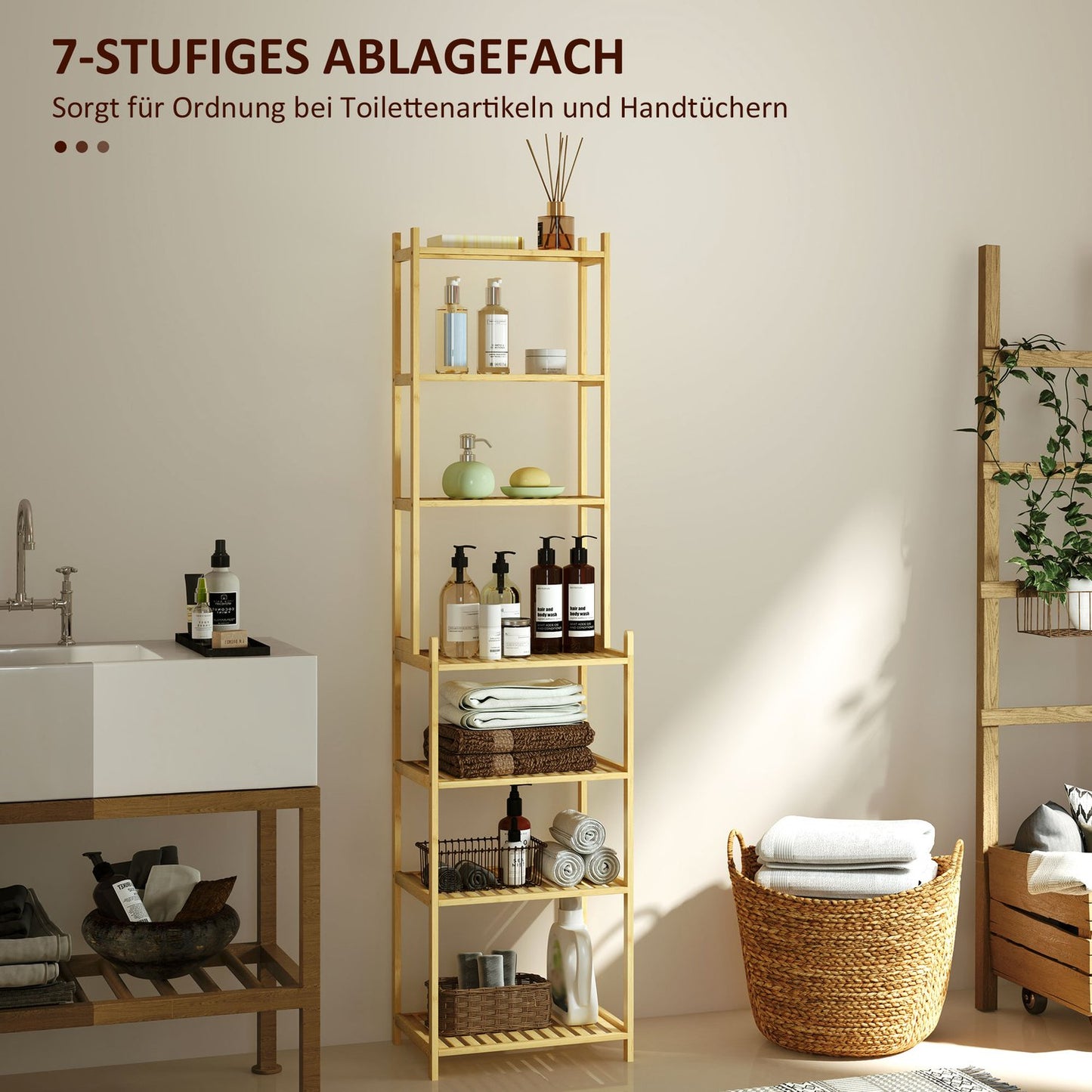 Bamboo Bathroom Shelf - 7-Tier Freestanding Storage Organizer