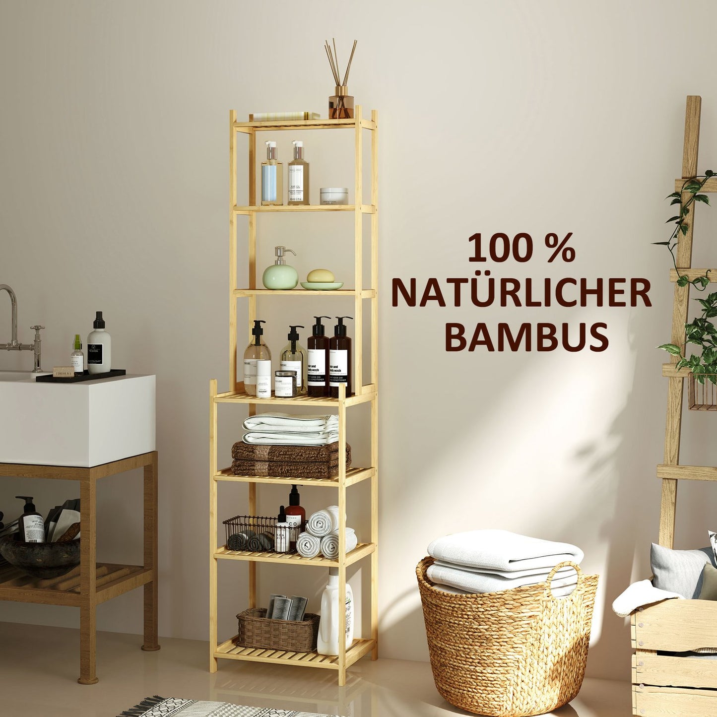 Bamboo Bathroom Shelf - 7-Tier Freestanding Storage Organizer
