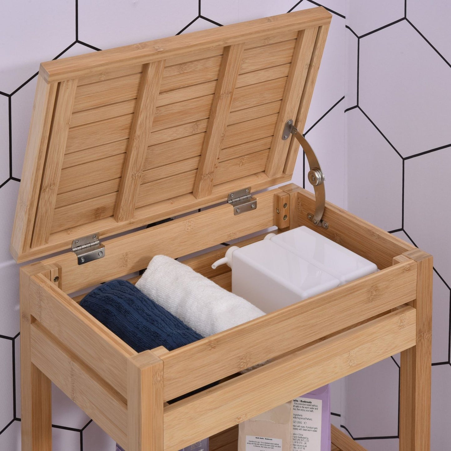 Bamboo bathroom shelf, hinged lid, natural finish, 46x29.5x76.5 cm
