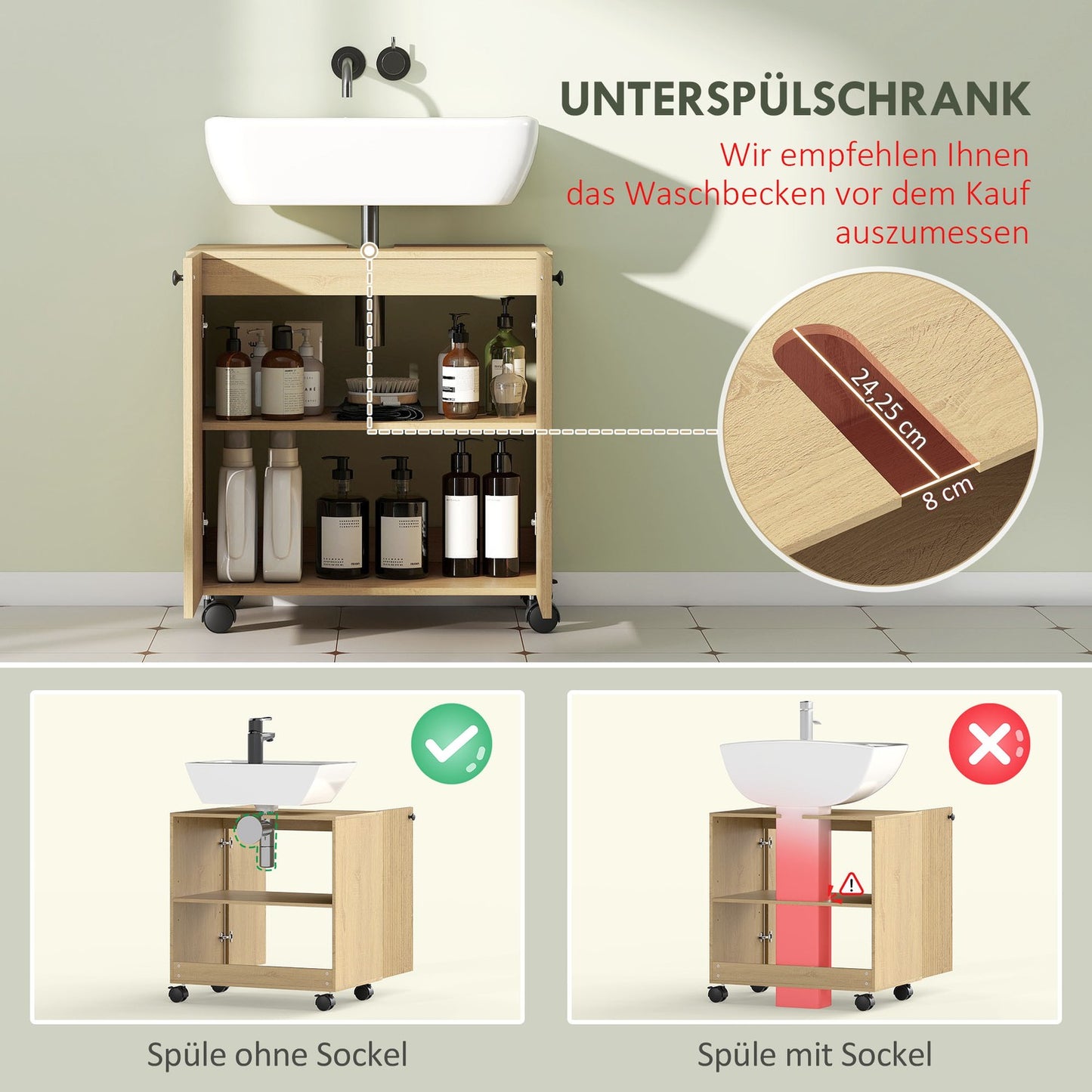 Bathroom Sink Cabinet, 3-Tier Shelf, Wood, Wheels