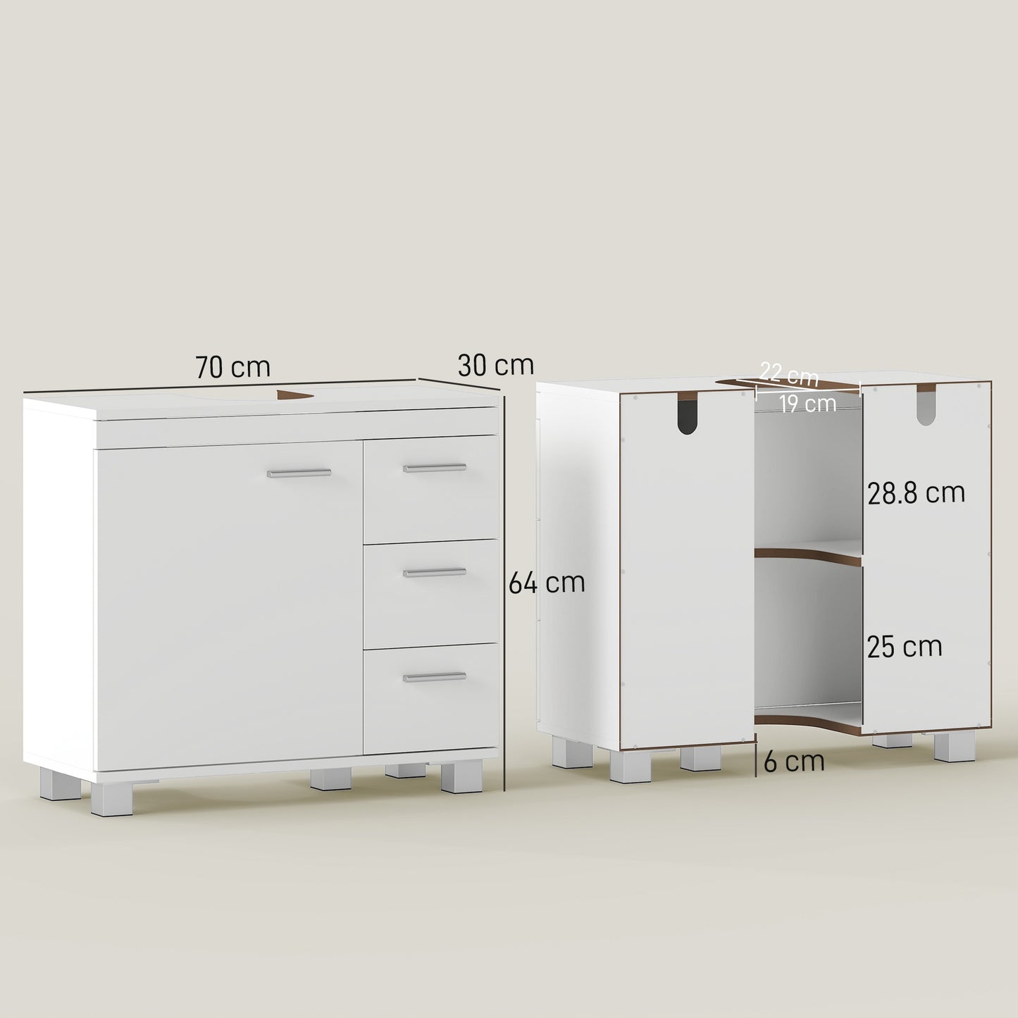 Bathroom Sink Cabinet, MDF, 2 Shelves, 3 Drawers, White