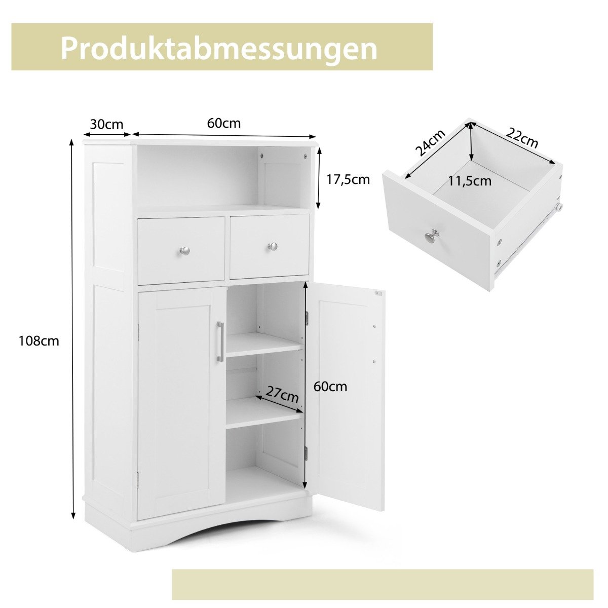 Bathroom Storage Cabinet, Freestanding, 2 Doors, 60x30x108 cm, White