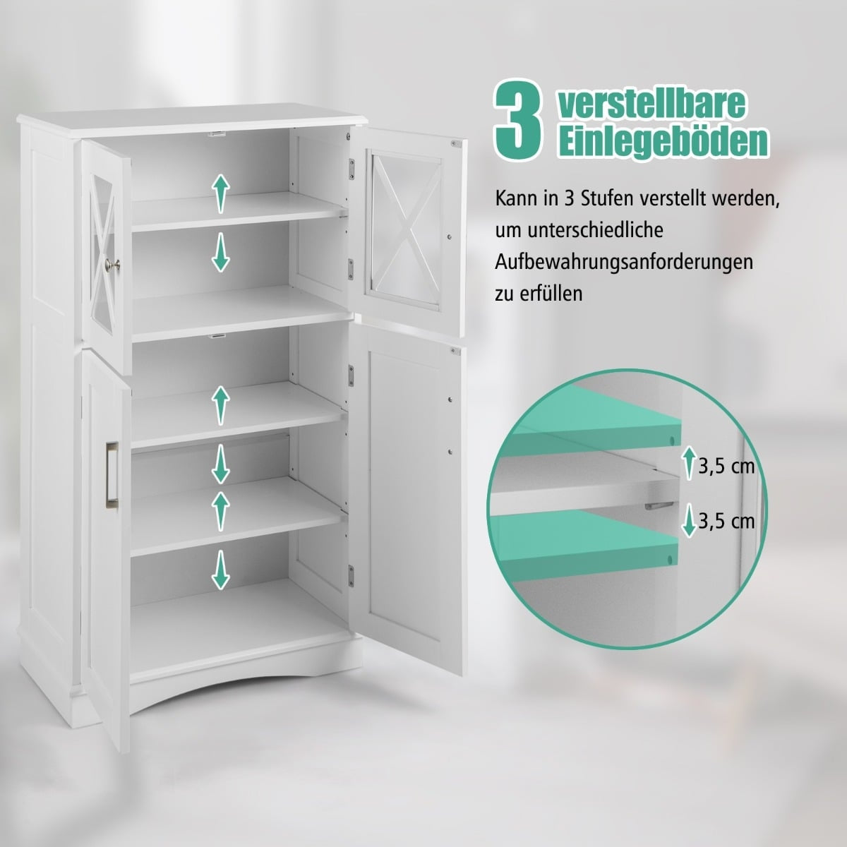 Bathroom Storage Cabinet, White, 60x30x108 cm, Adjustable Shelves