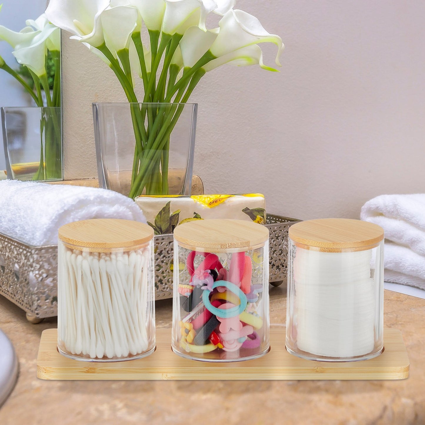 Bathroom Storage Set with Bamboo Lids and Tray