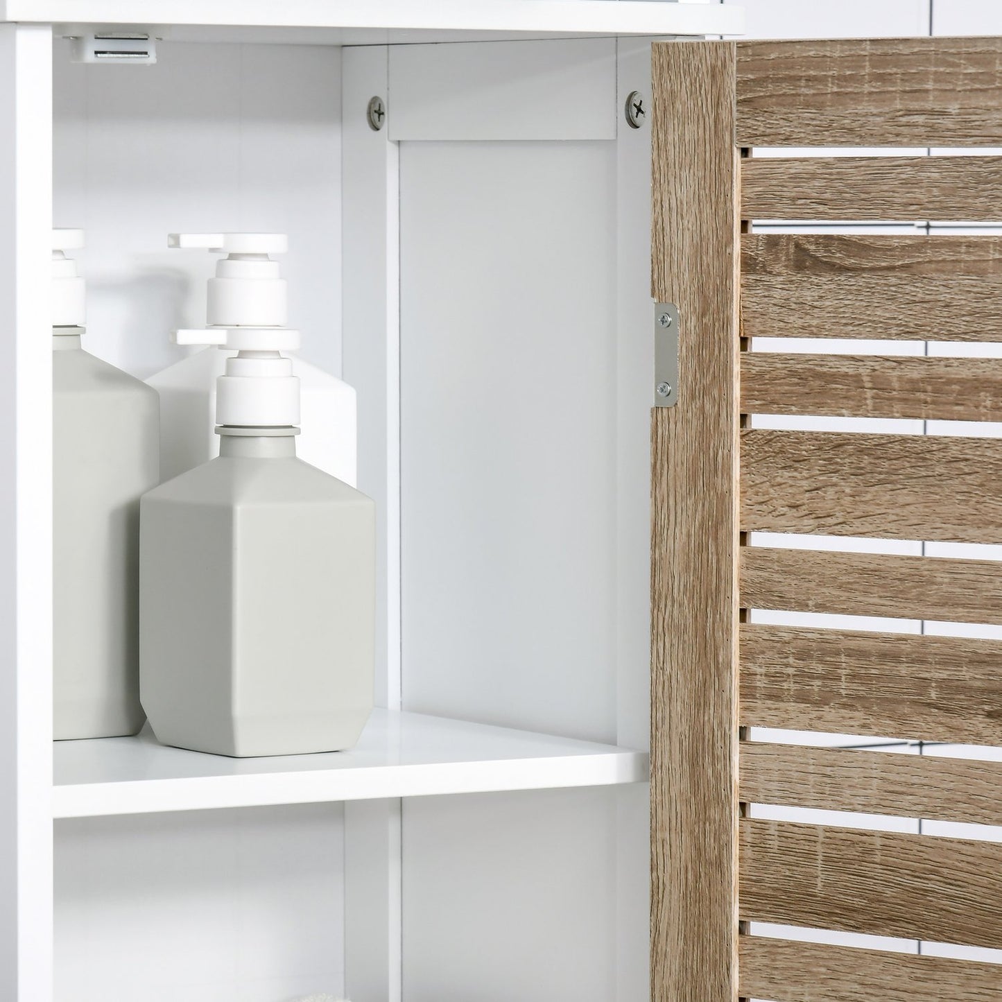 Tall white bathroom cabinet - freestanding, adjustable shelves