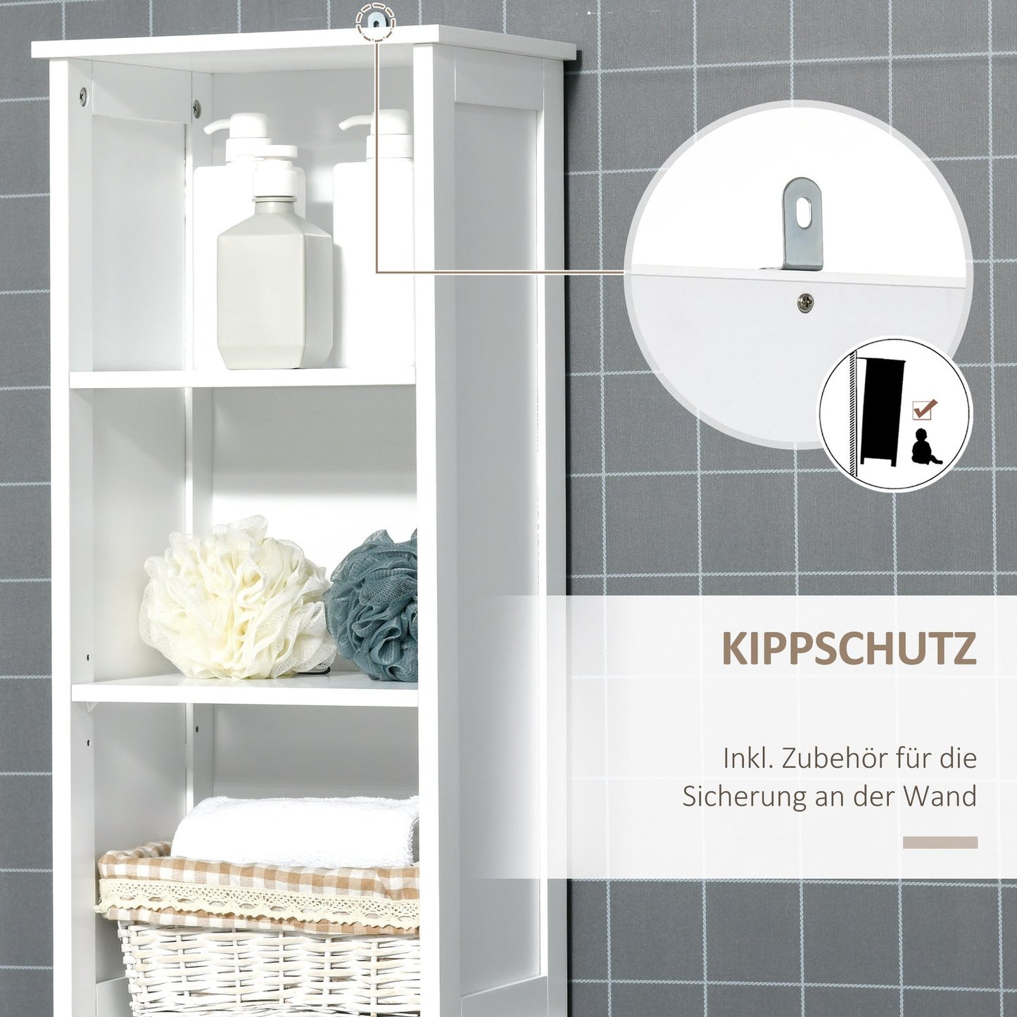 Tall white bathroom cabinet - freestanding, adjustable shelves