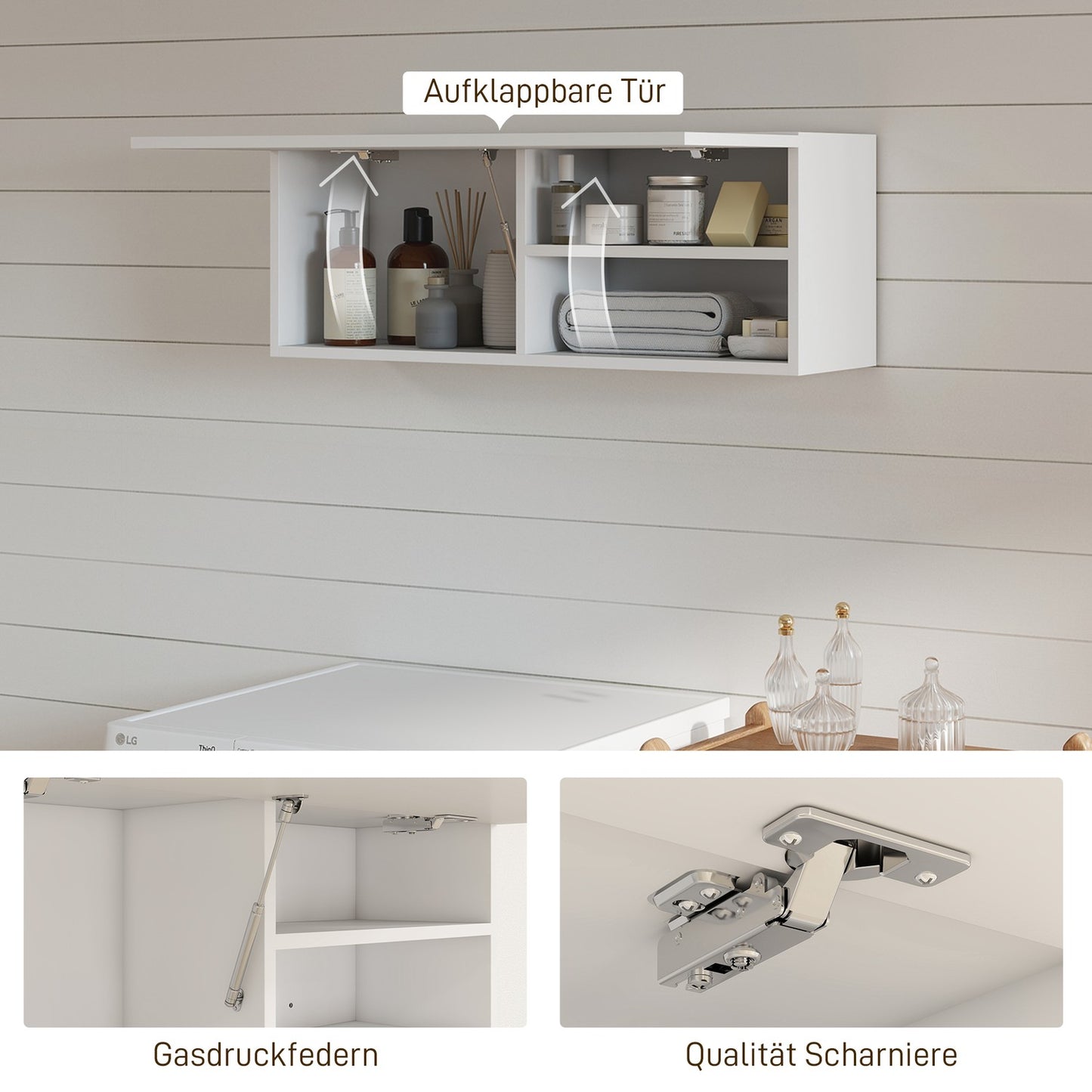 Bathroom Wall Cabinet, Lift-Up Door, Gas Strut, 80x25x30 cm, White