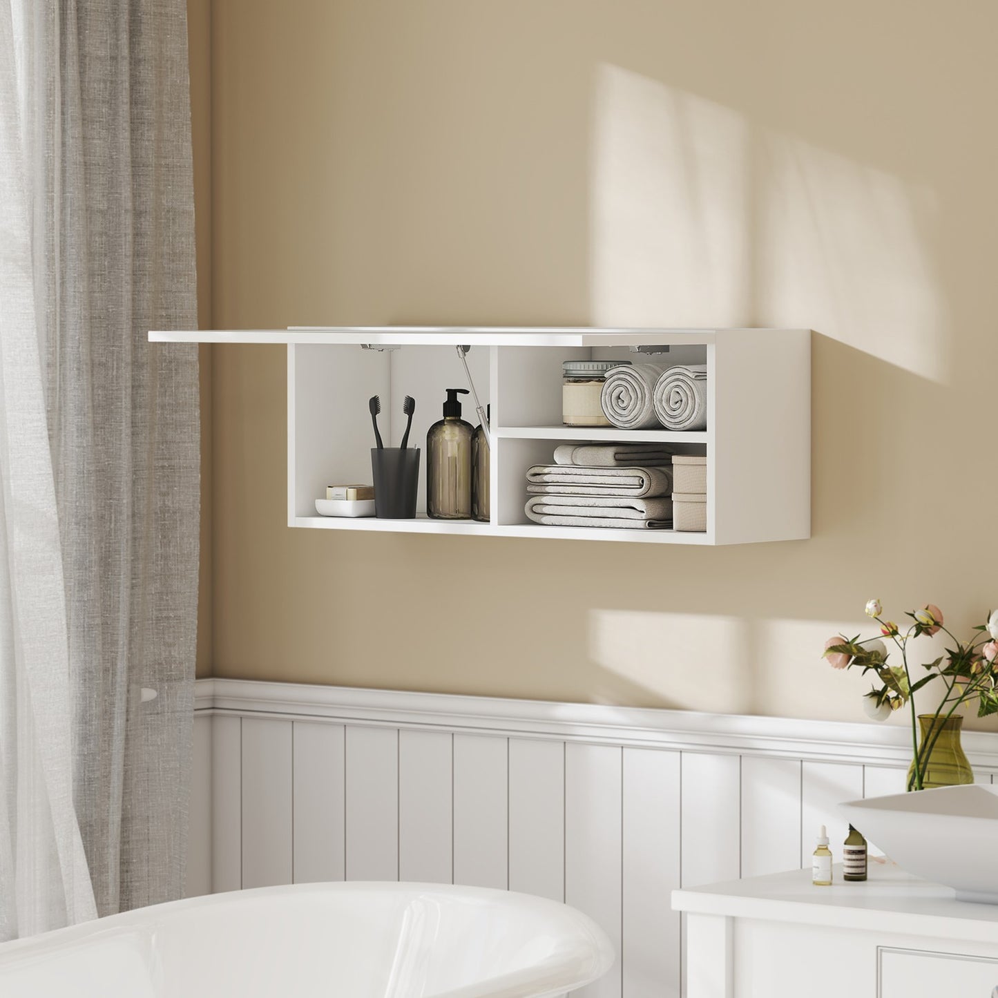 Bathroom Wall Cabinet, Lift-Up Door, Gas Strut, 80x25x30 cm, White
