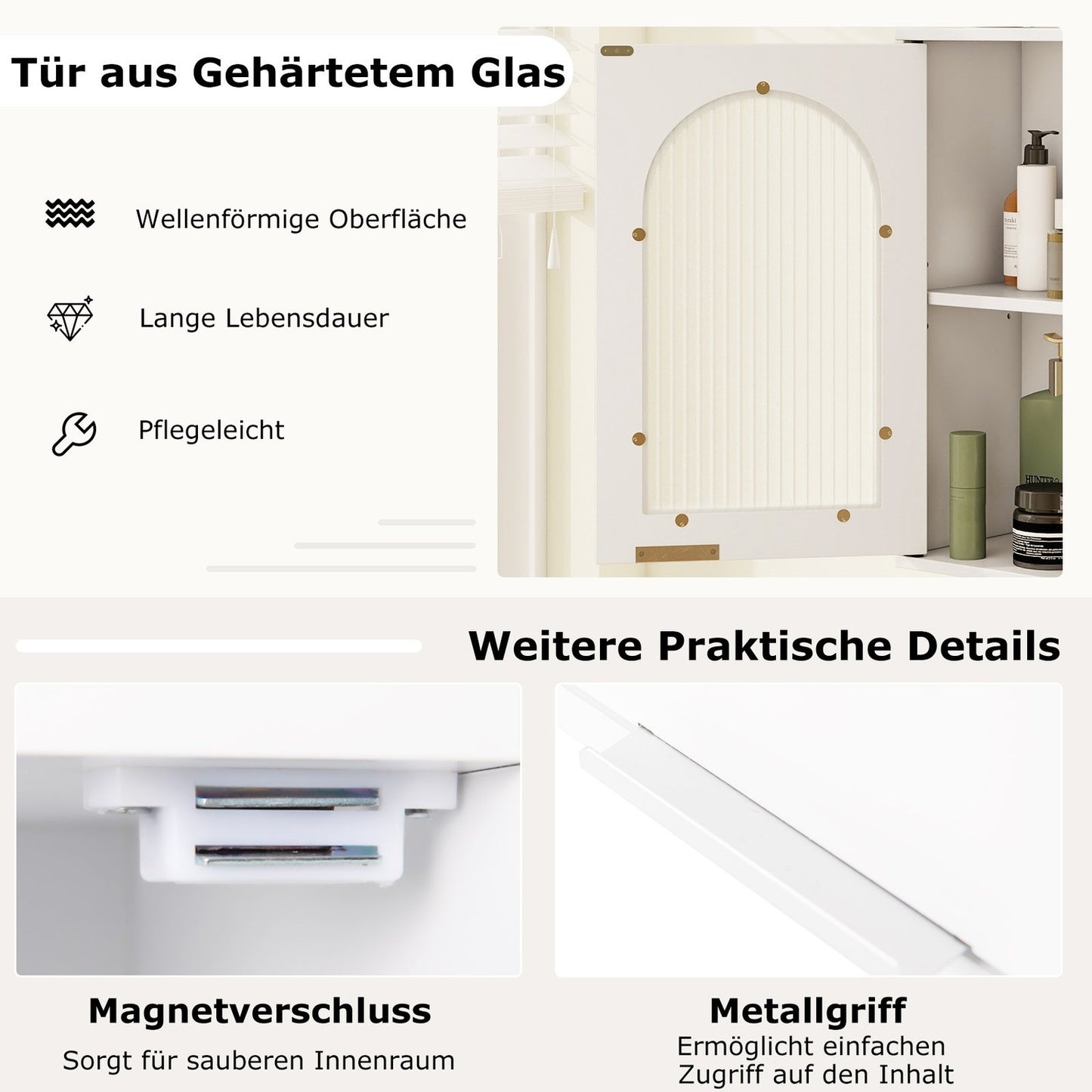 Bathroom Wall Cabinet with Glass Door, Adjustable Shelf, White