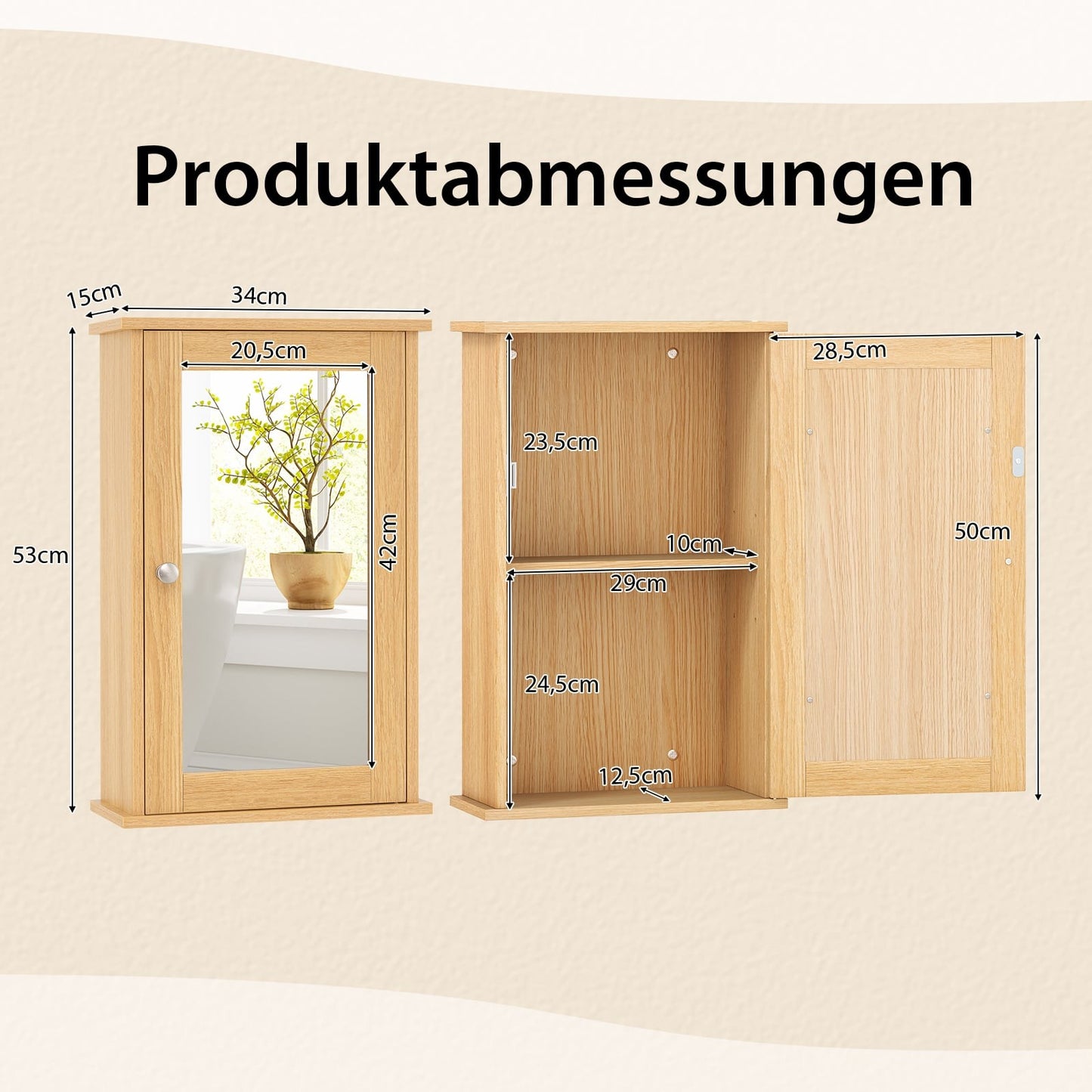 Bathroom Wall Cabinet with Mirror, Adjustable Shelf, Single Door