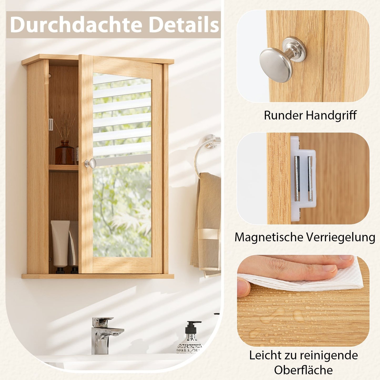 Bathroom Wall Cabinet with Mirror, Adjustable Shelf, Single Door