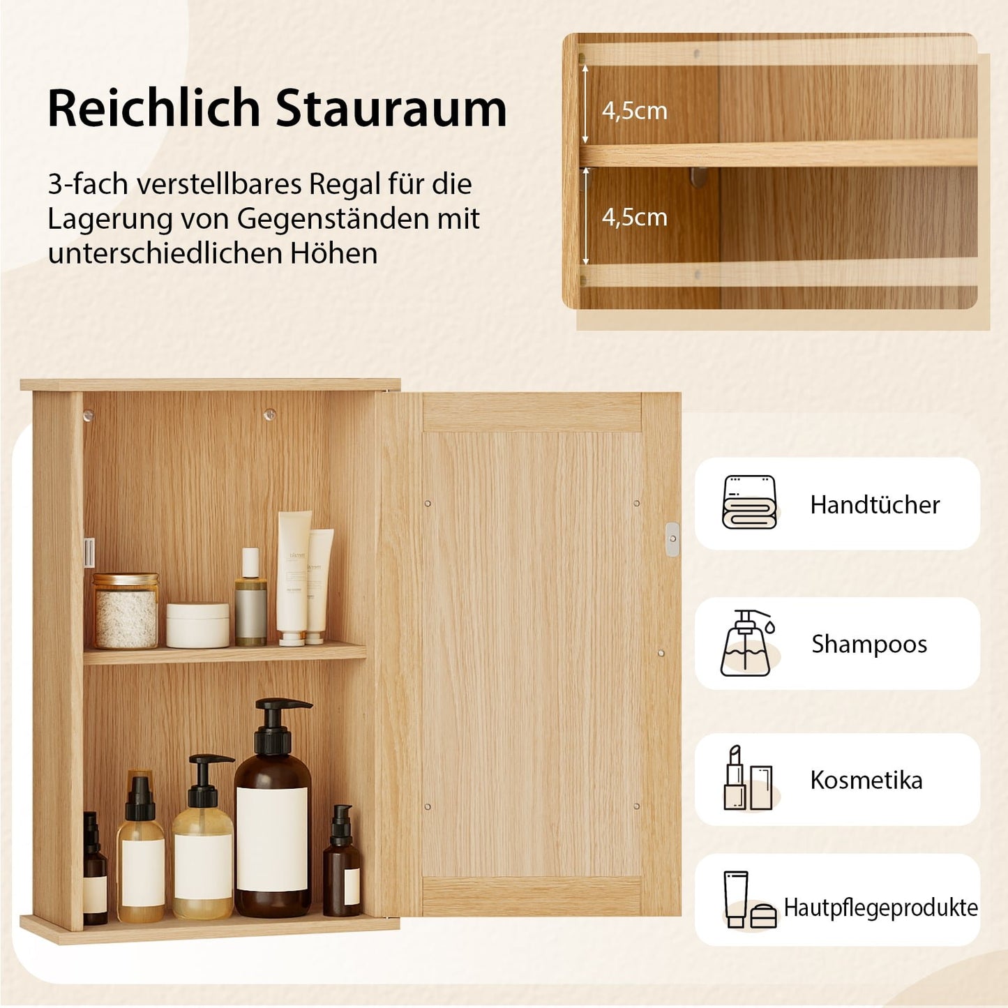 Bathroom Wall Cabinet with Mirror, Adjustable Shelf, Single Door