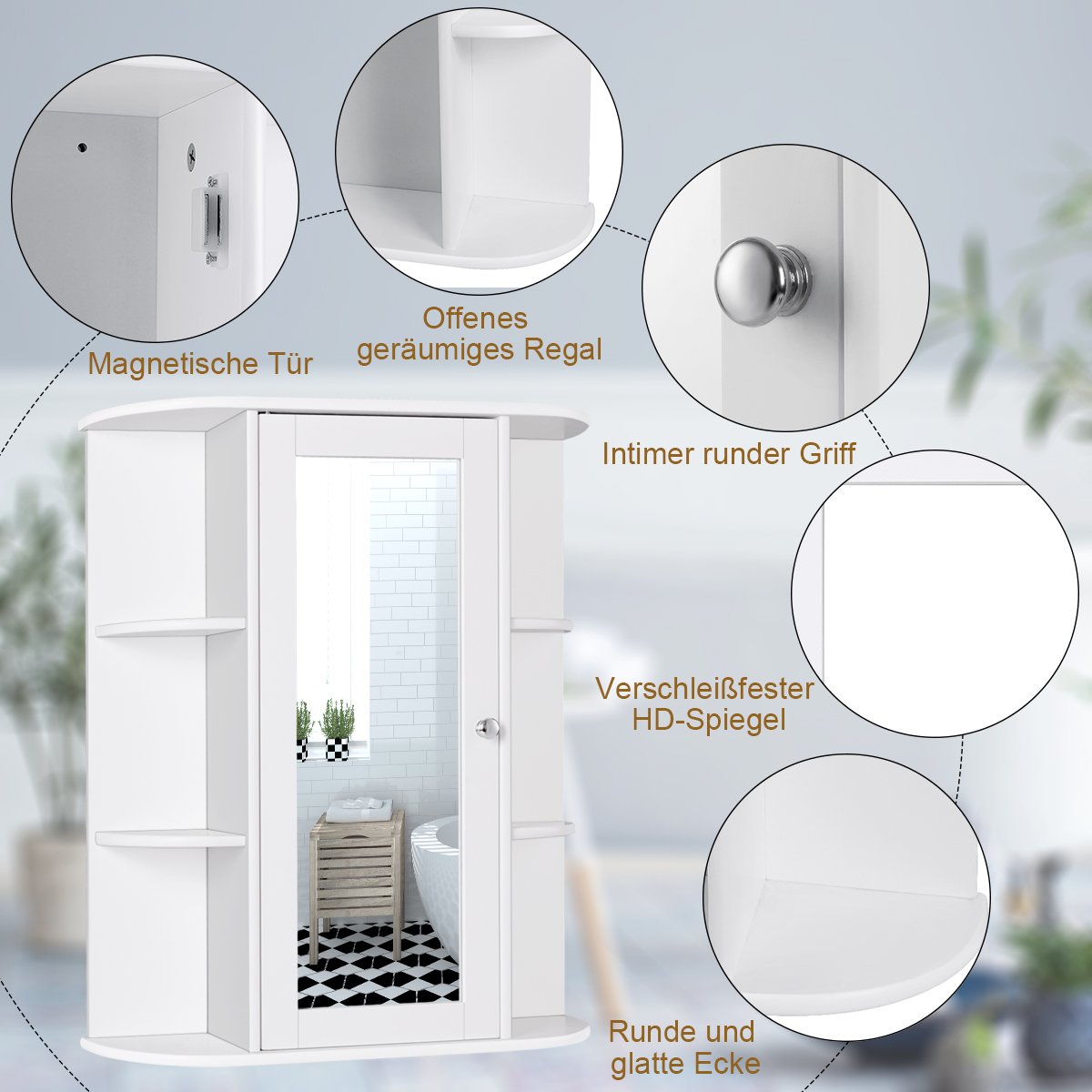 Bathroom Wall Cabinet with Mirror, Adjustable Shelves, White