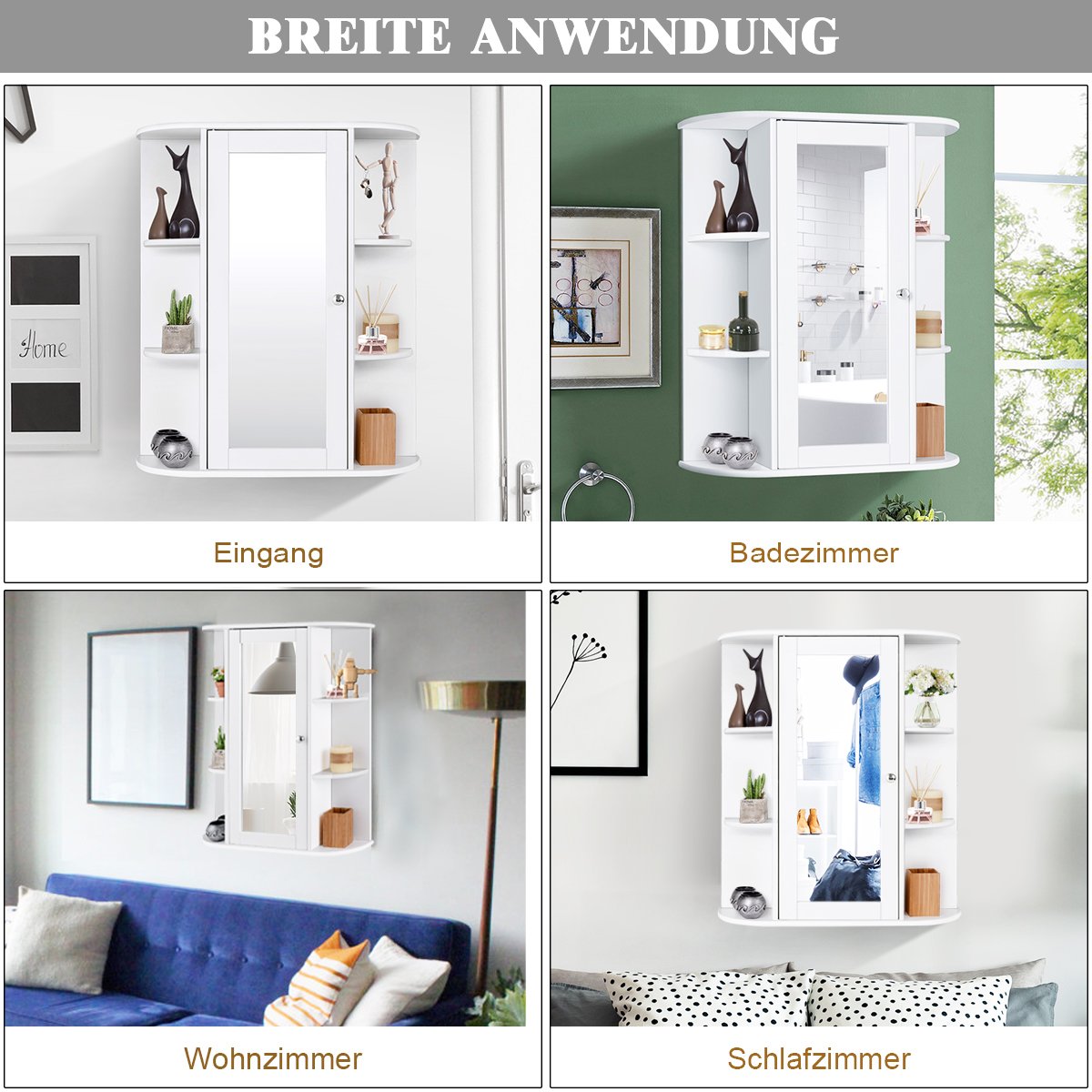 Bathroom Wall Cabinet with Mirror, Adjustable Shelves, White