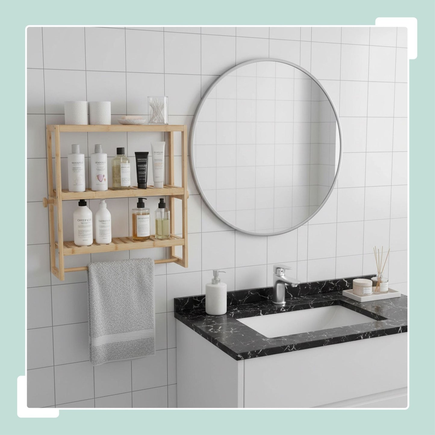 Bathroom Wall Shelf with Towel Rail and Hooks