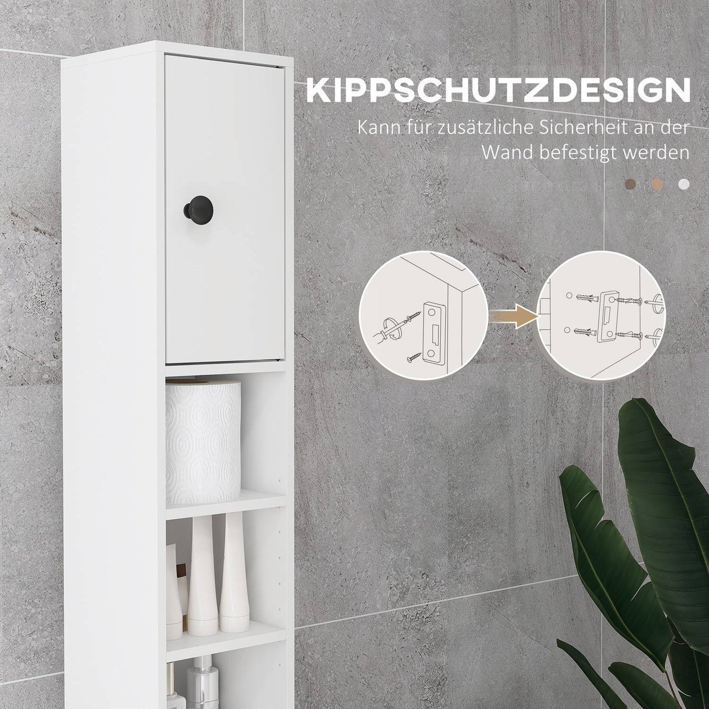 Bathroom cabinet, 4 shelves, drawer, chipboard, slim design, white