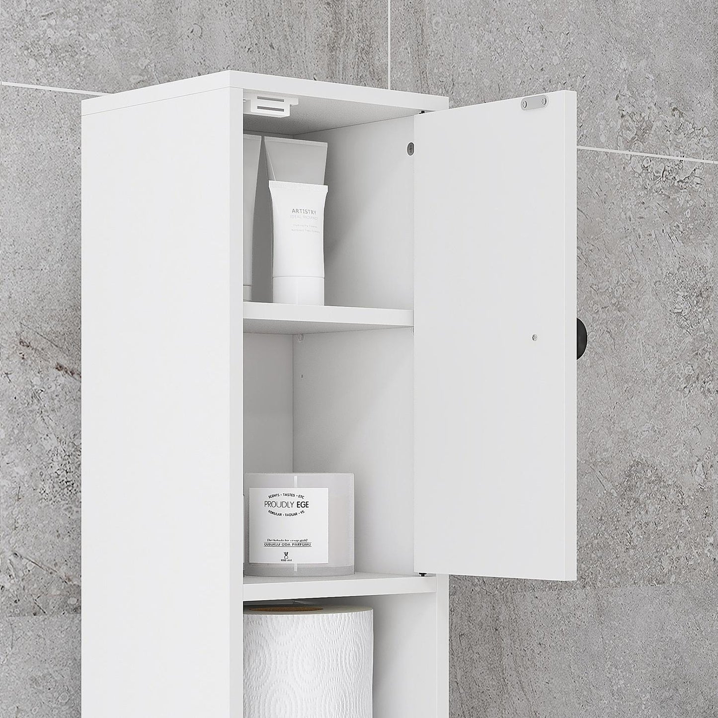Bathroom cabinet, 4 shelves, drawer, chipboard, slim design, white