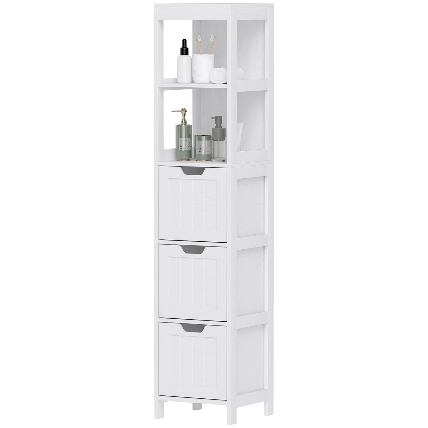 Tall white bathroom cabinet with drawers and open shelves