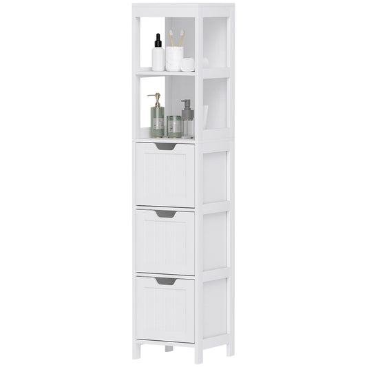 Tall white bathroom cabinet with drawers and open shelves