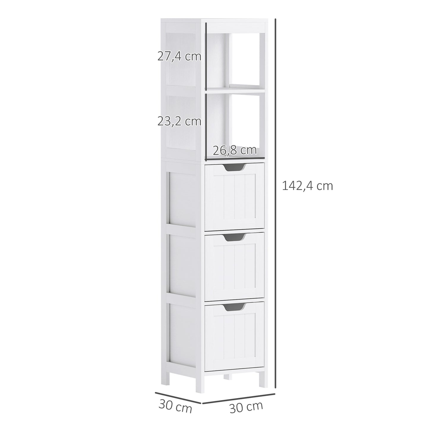 Tall white bathroom cabinet with drawers and open shelves