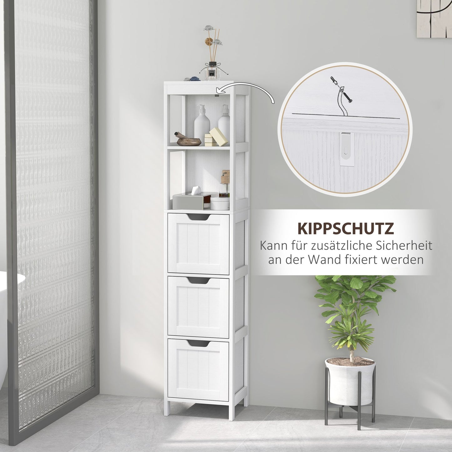 Tall white bathroom cabinet with drawers and open shelves