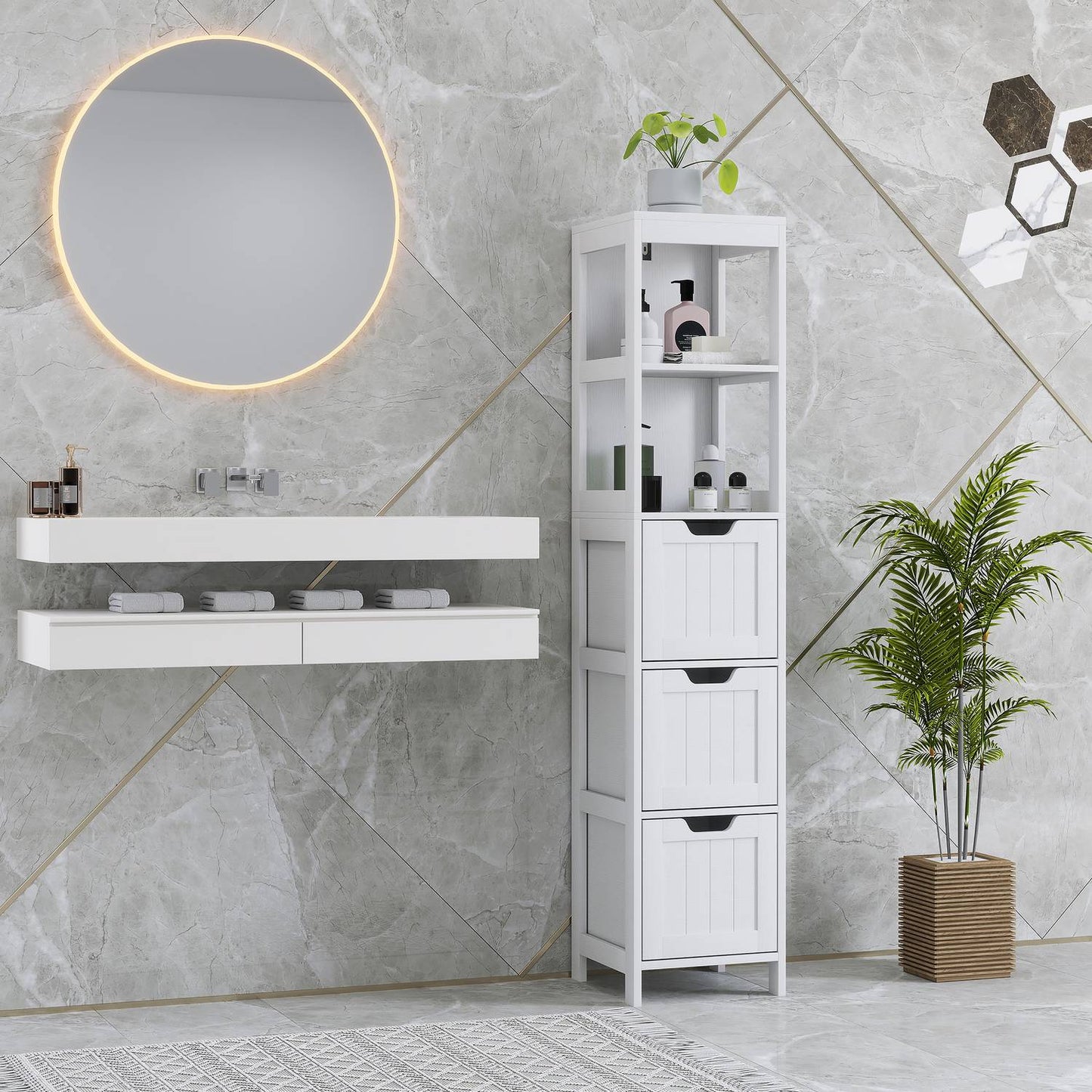 Tall white bathroom cabinet with drawers and open shelves