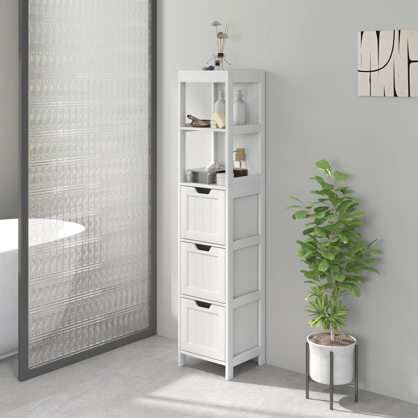Tall white bathroom cabinet with drawers and open shelves