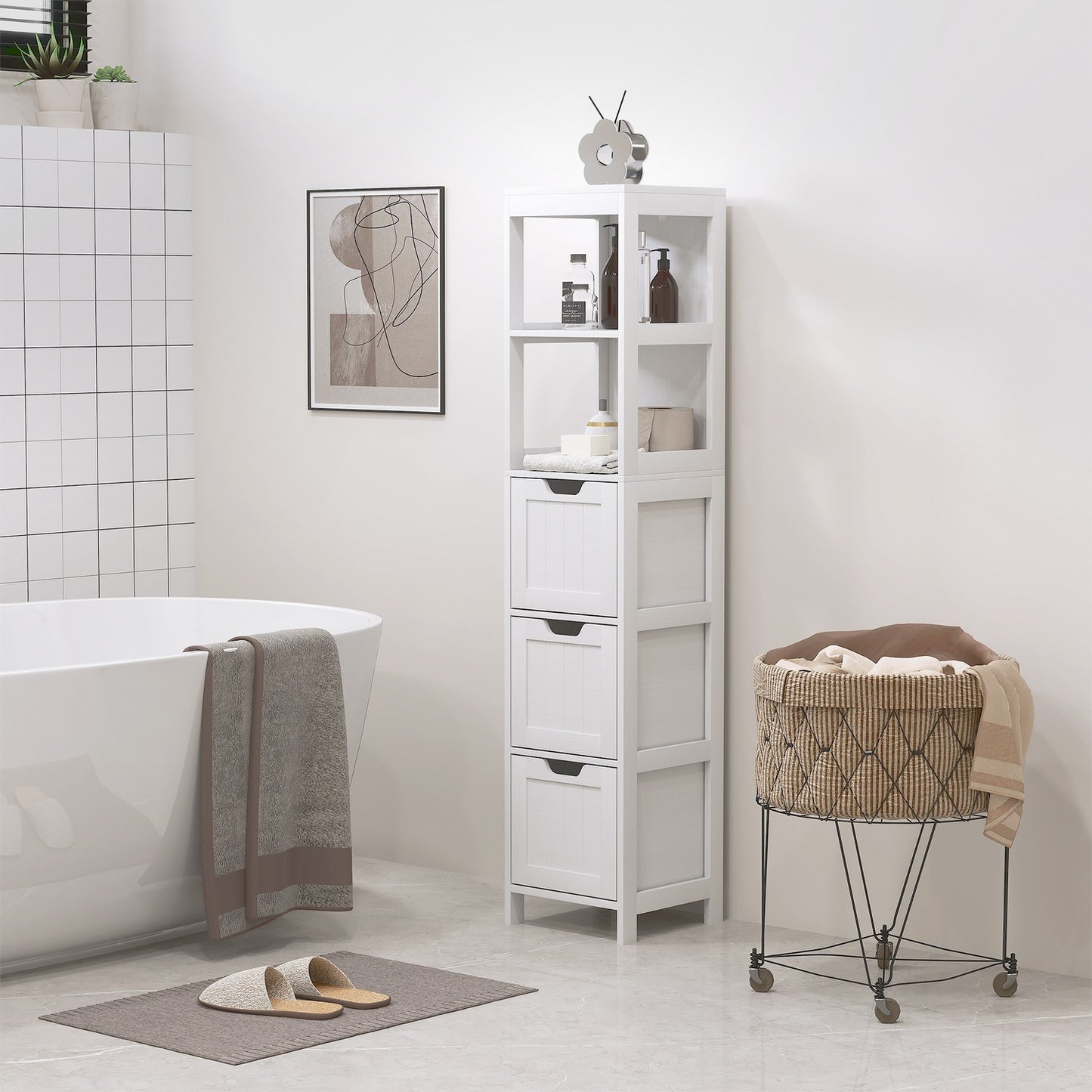 Tall white bathroom cabinet with drawers and open shelves