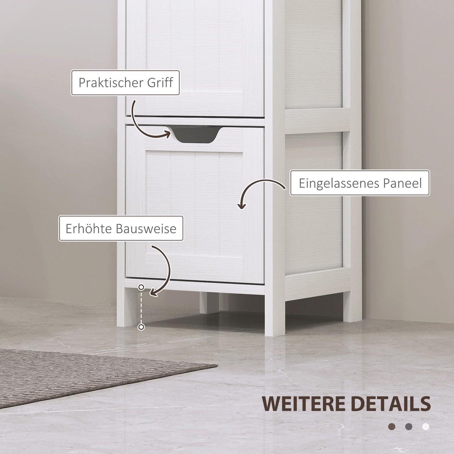 Tall white bathroom cabinet with drawers and open shelves