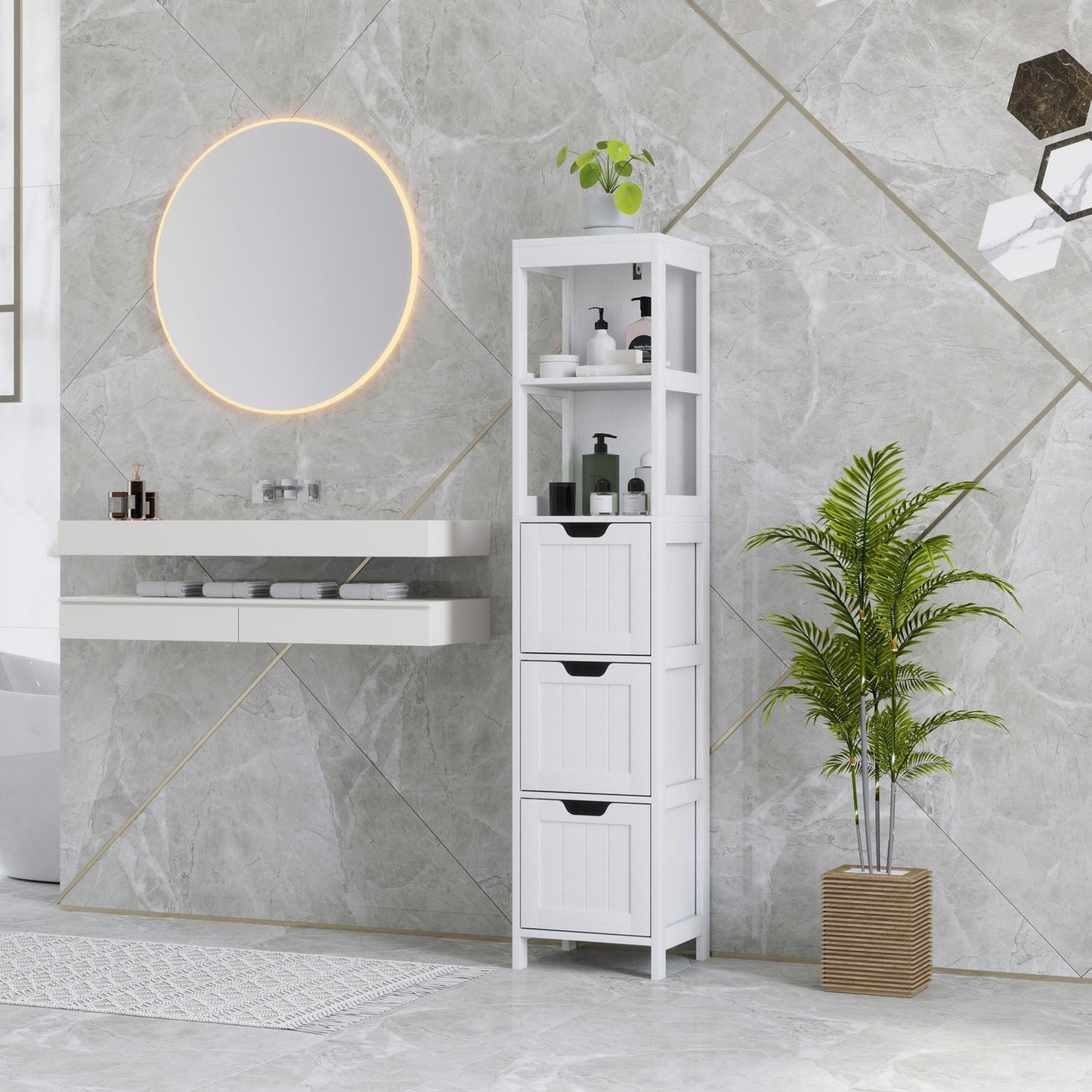 Tall white bathroom cabinet with drawers and open shelves