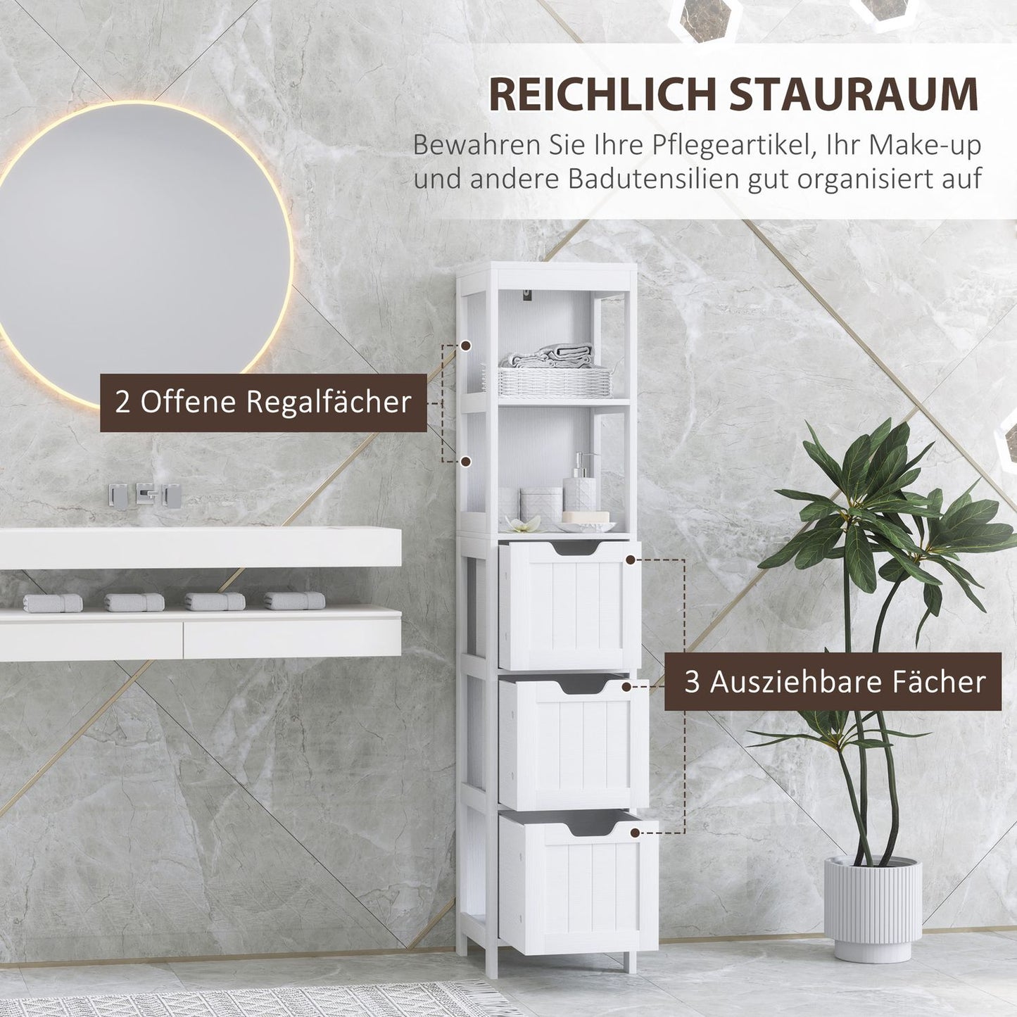 Tall white bathroom cabinet with drawers and open shelves