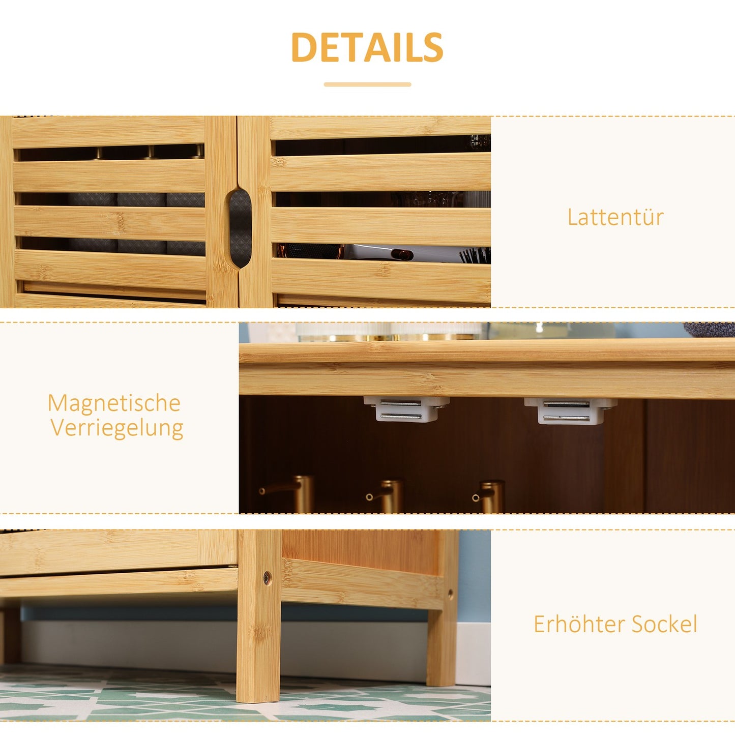 Bathroom cabinet, bamboo, 2 doors, 2 shelves, natural