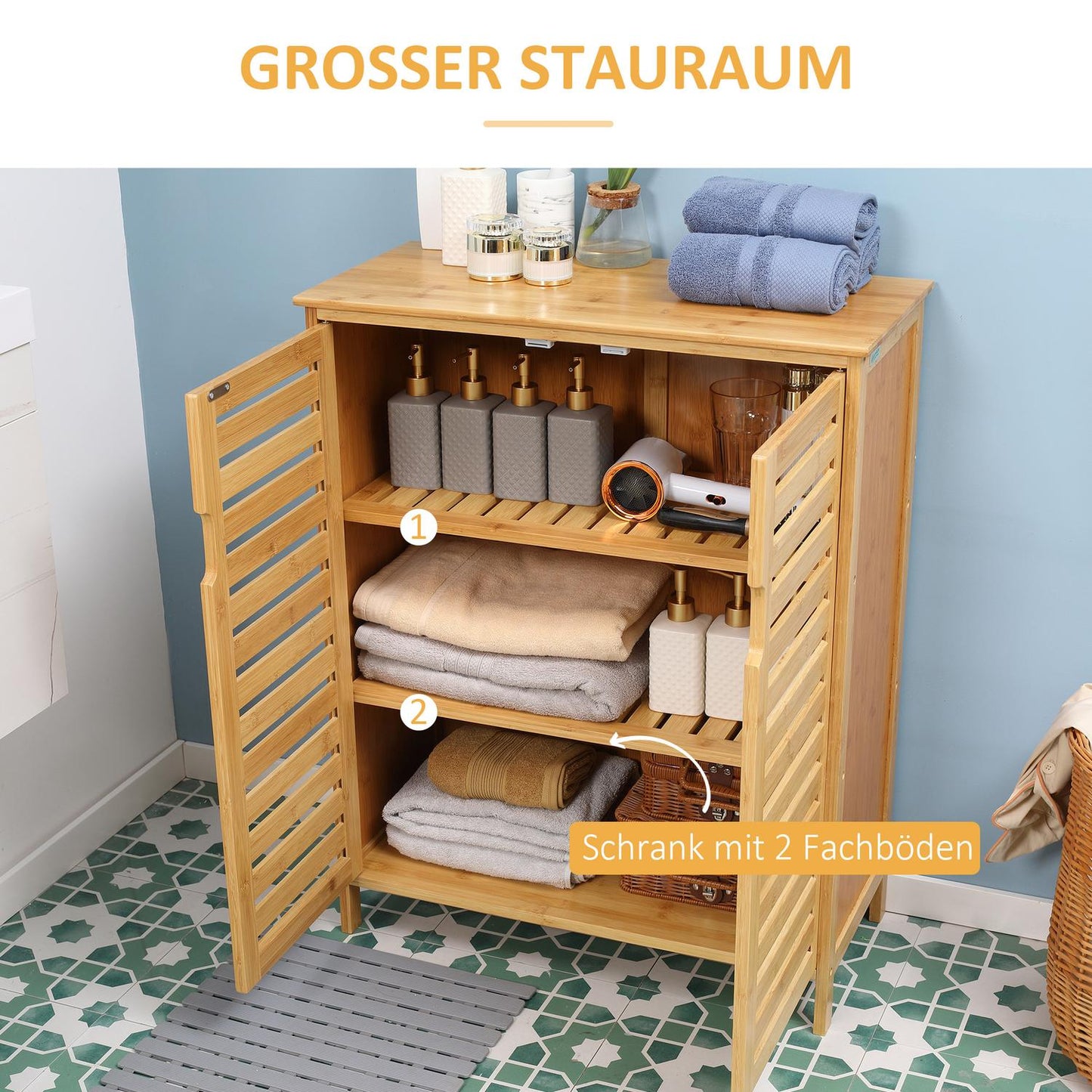 Bathroom cabinet, bamboo, 2 doors, 2 shelves, natural