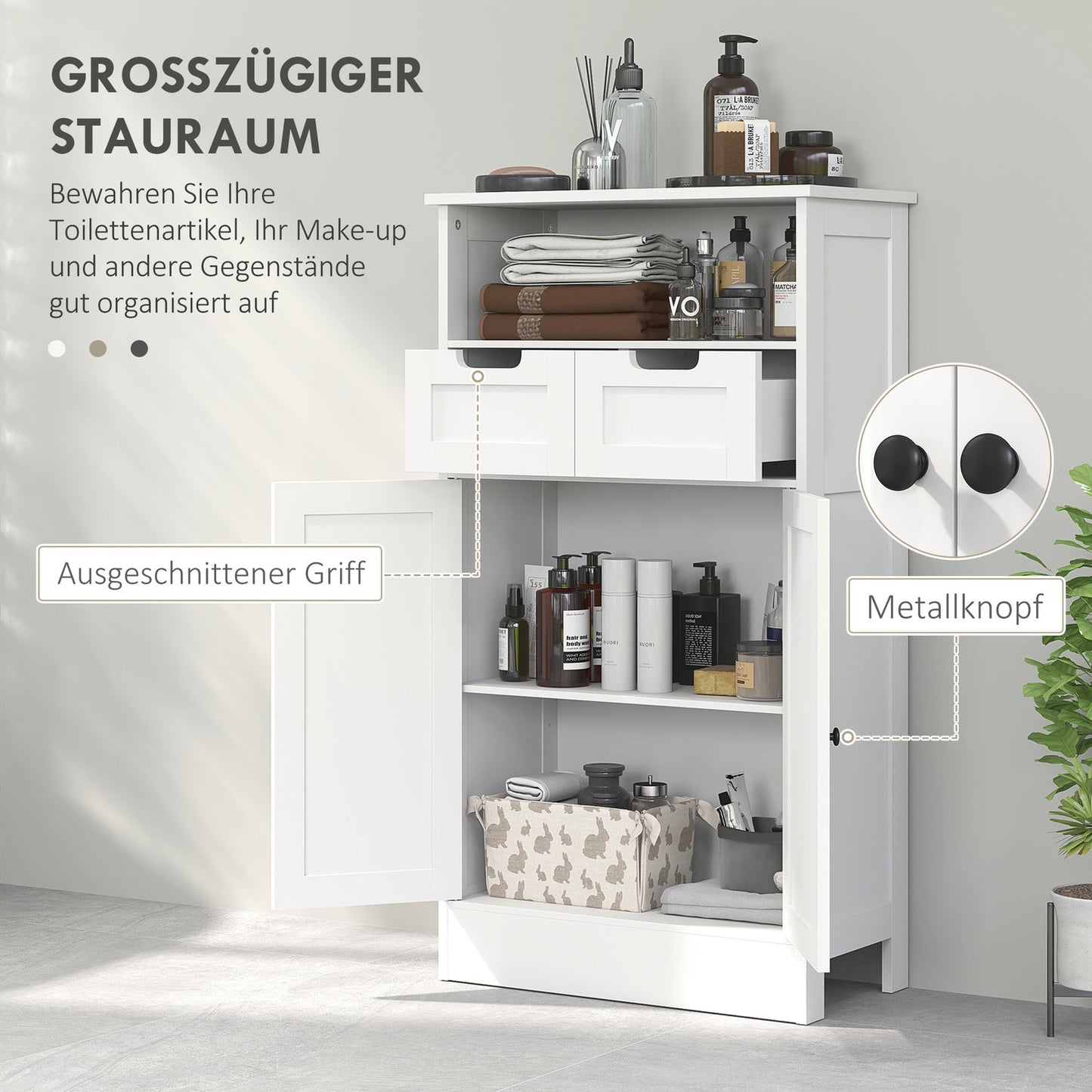 White bathroom storage cabinet, adjustable shelf, 2 drawers