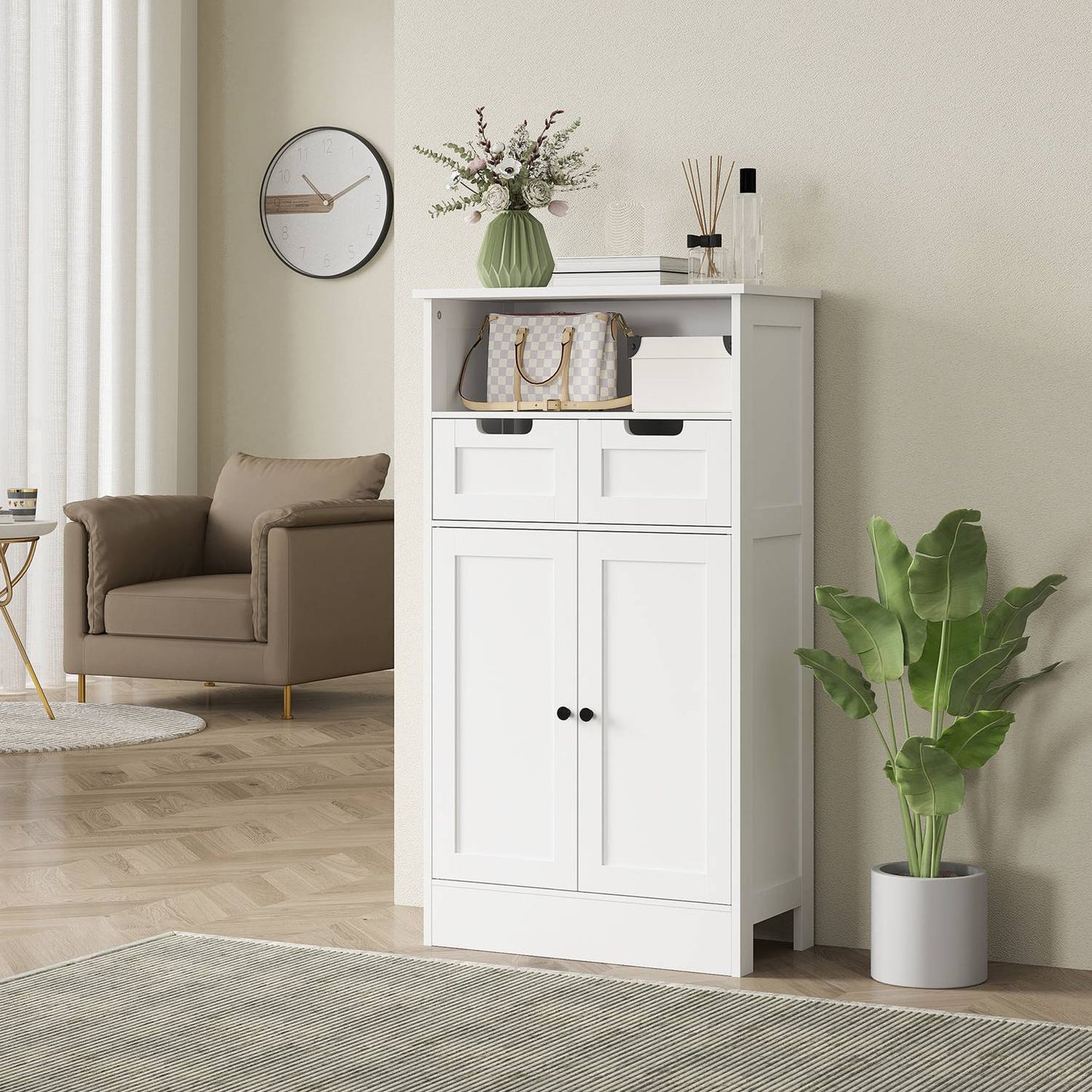 White bathroom storage cabinet, adjustable shelf, 2 drawers