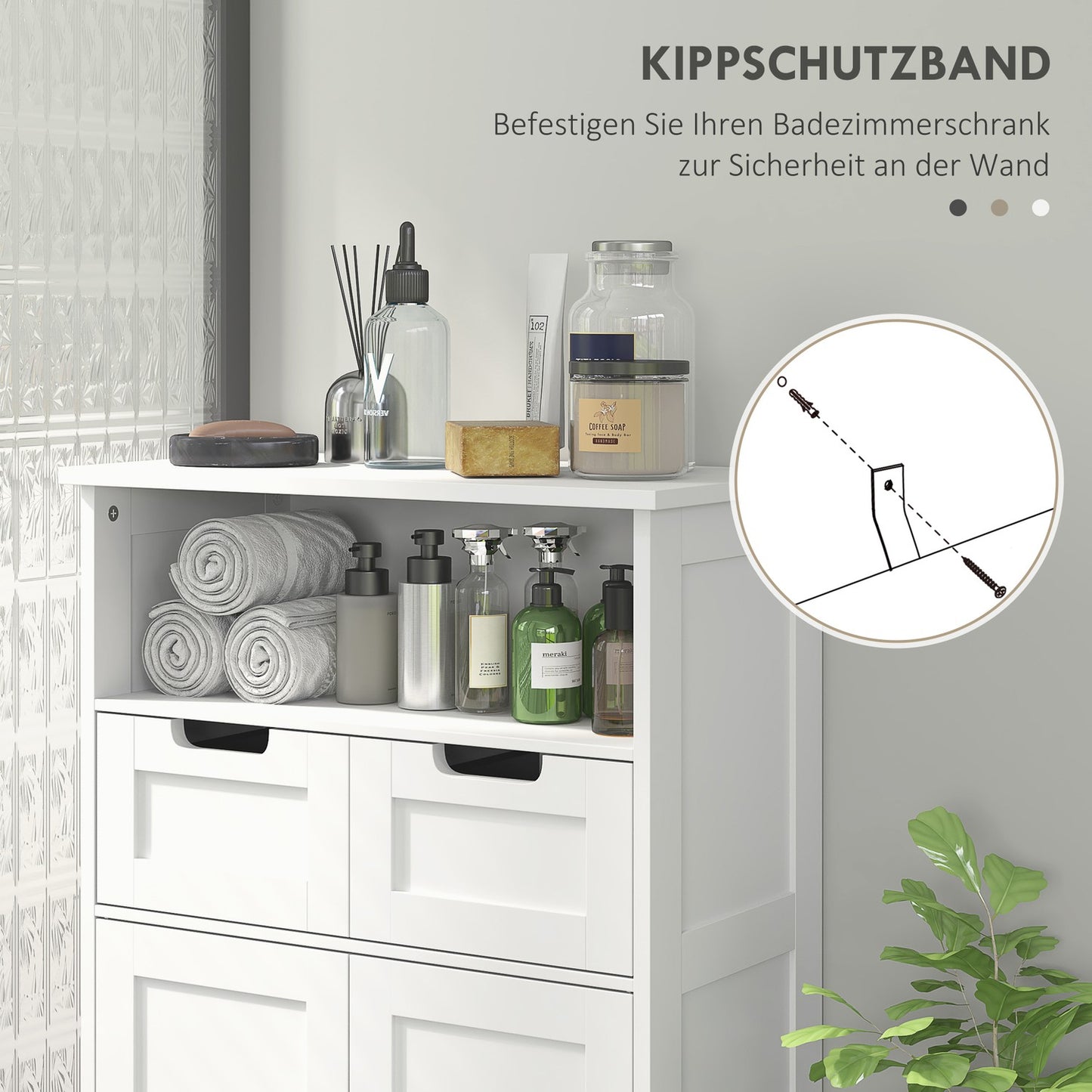 White bathroom storage cabinet, adjustable shelf, 2 drawers