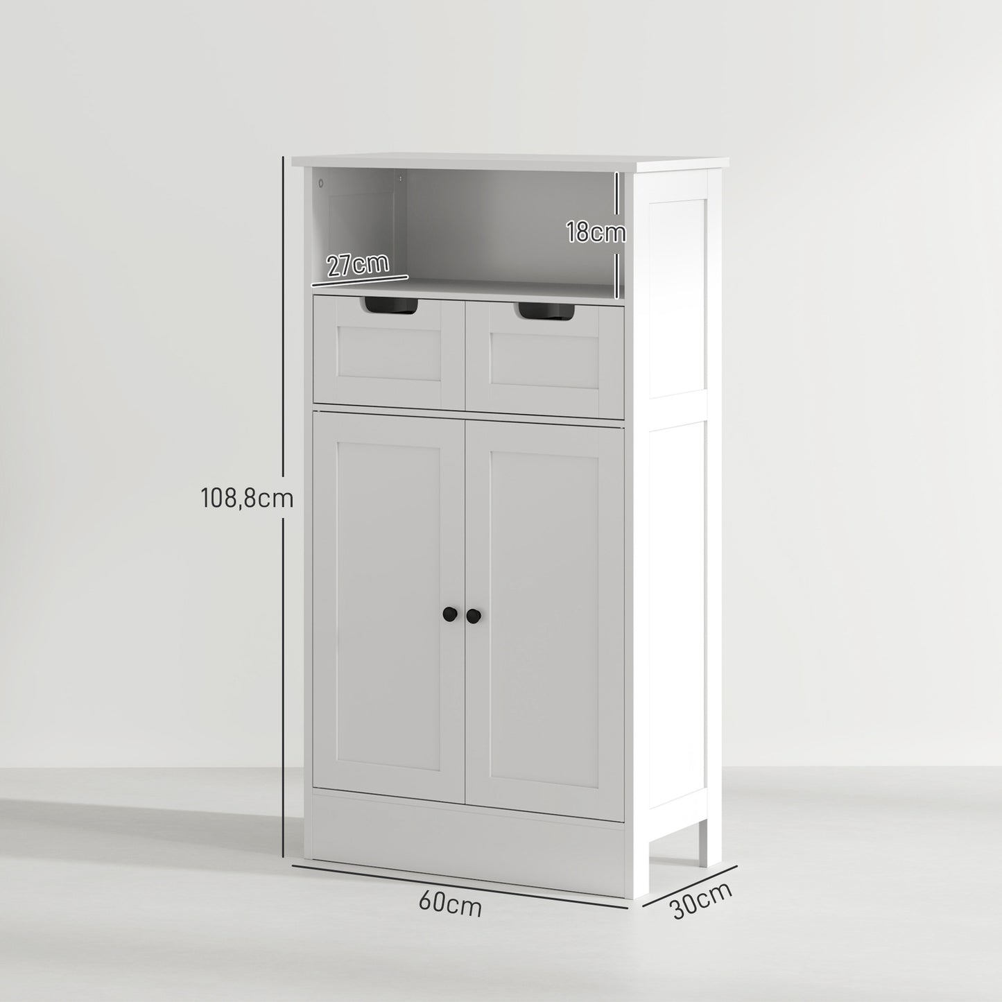 White bathroom storage cabinet, adjustable shelf, 2 drawers