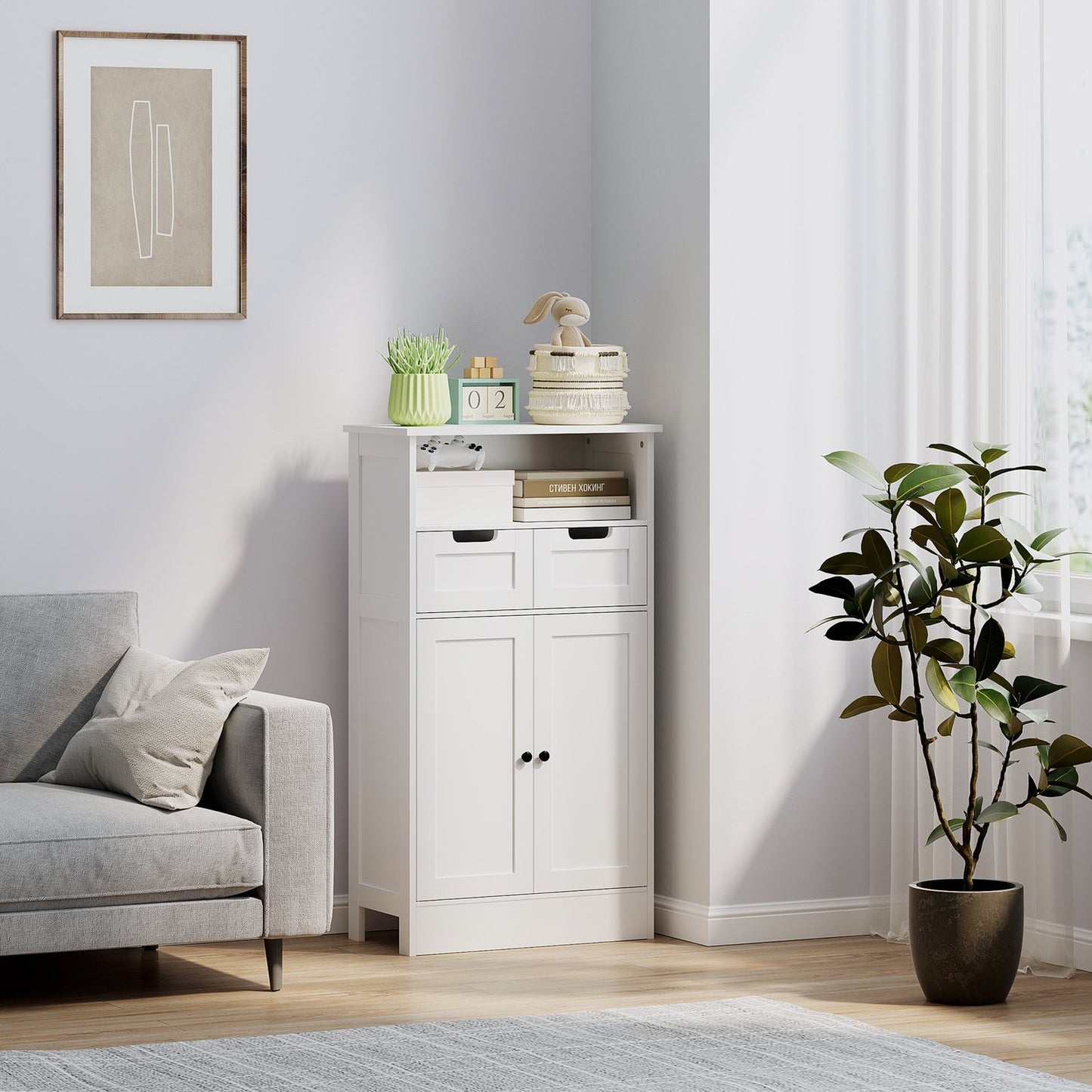 White bathroom storage cabinet, adjustable shelf, 2 drawers