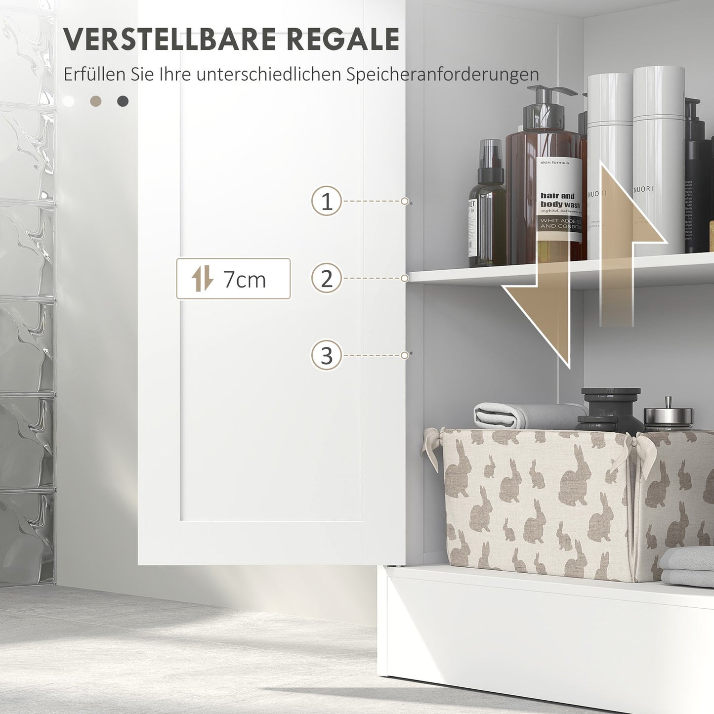 White bathroom storage cabinet, adjustable shelf, 2 drawers