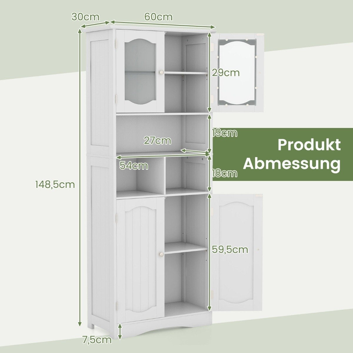 Bathroom cabinet, free-standing tall cabinet with 4 doors and shelves, white, 60 x 30 x 148.5 cm