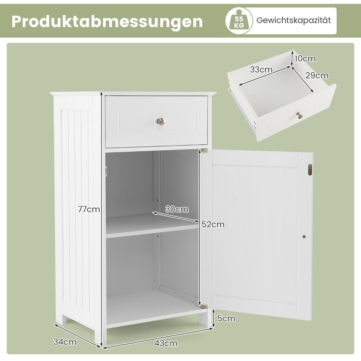 Bathroom cabinet narrow with drawer & door 43 x 34 x 77 cm white