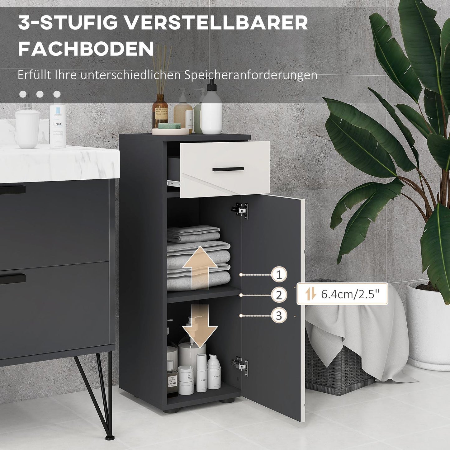 Bathroom storage cabinet, gray, 30 x 30 x 82 cm, adjustable shelves