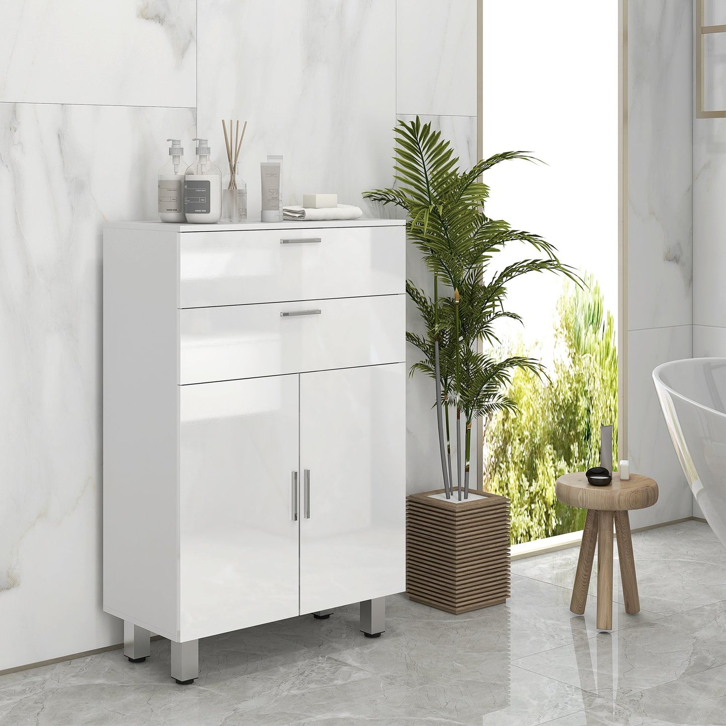 Bathroom side cabinet, High gloss white, adjustable shelf