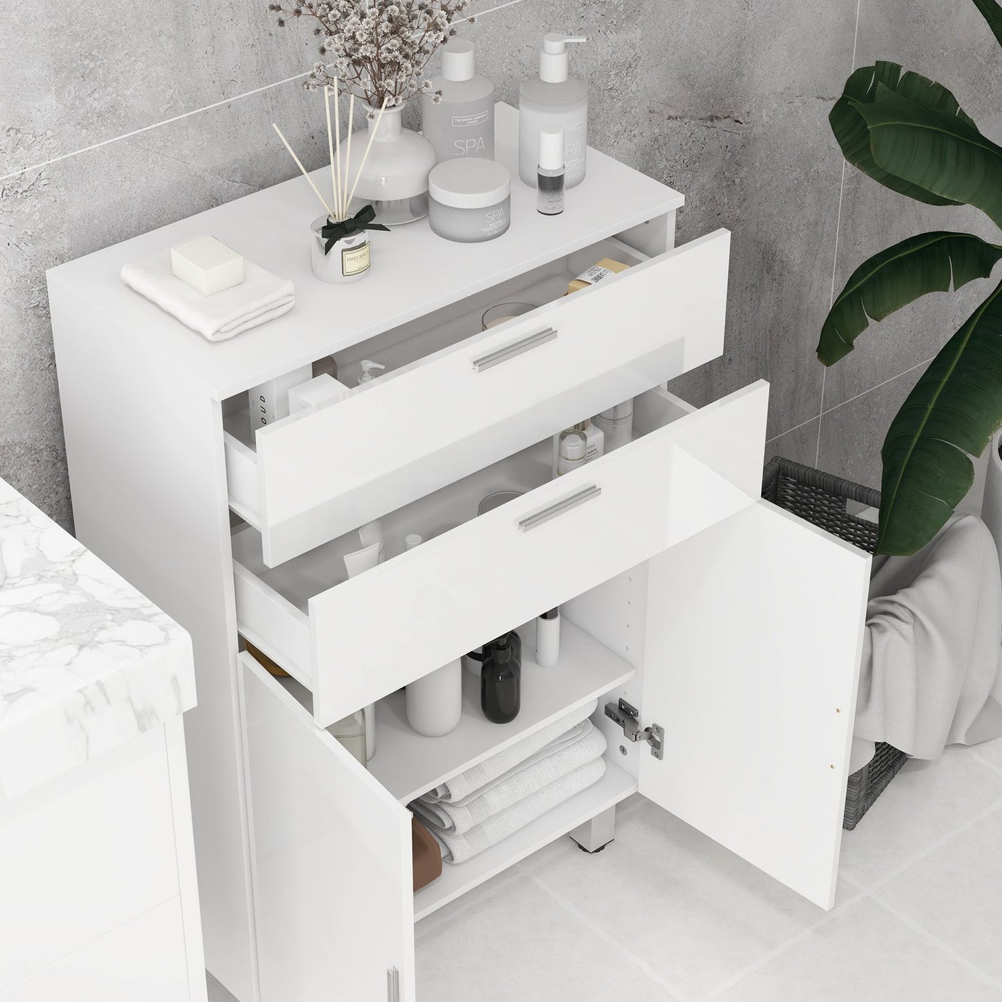 Bathroom side cabinet, High gloss white, adjustable shelf