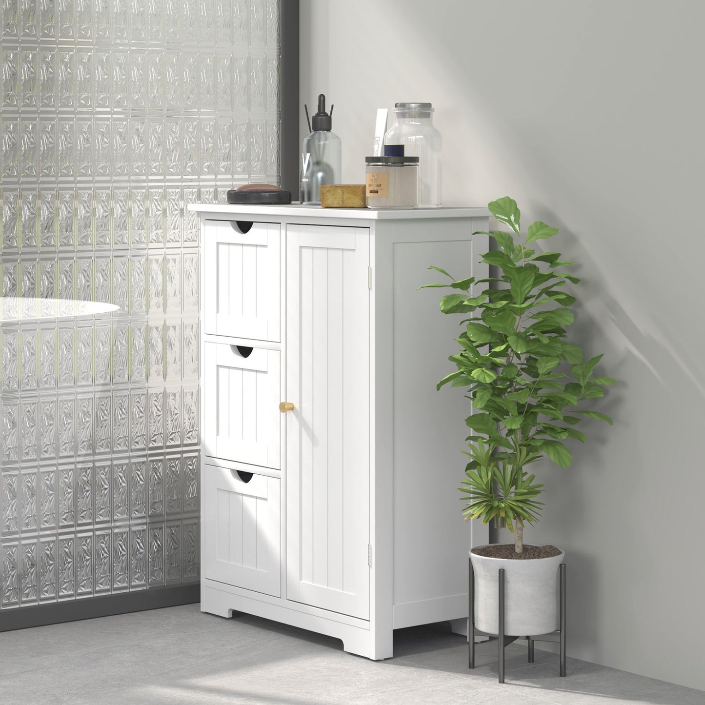 White side cabinet for bathroom with 3 drawers & adjustable shelf