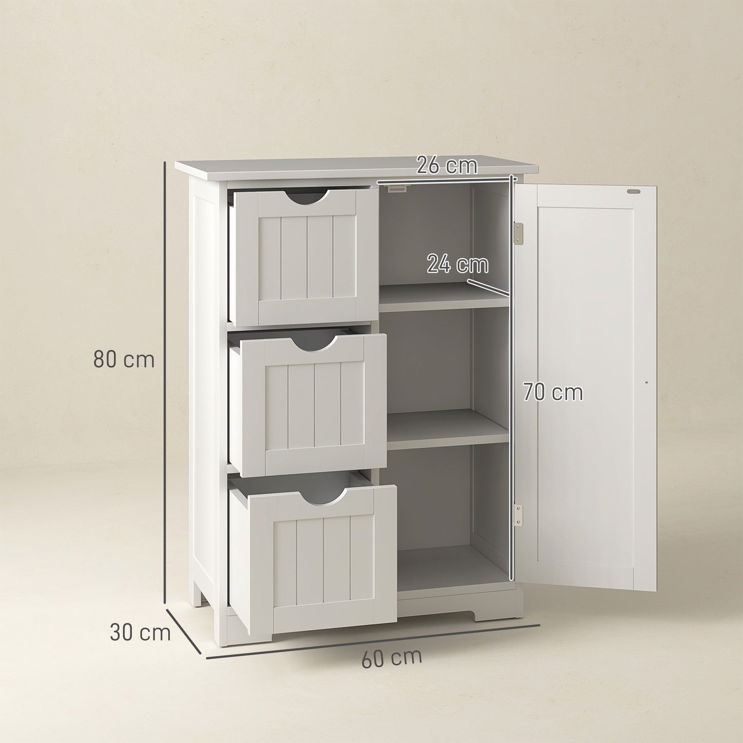 White side cabinet for bathroom with 3 drawers & adjustable shelf