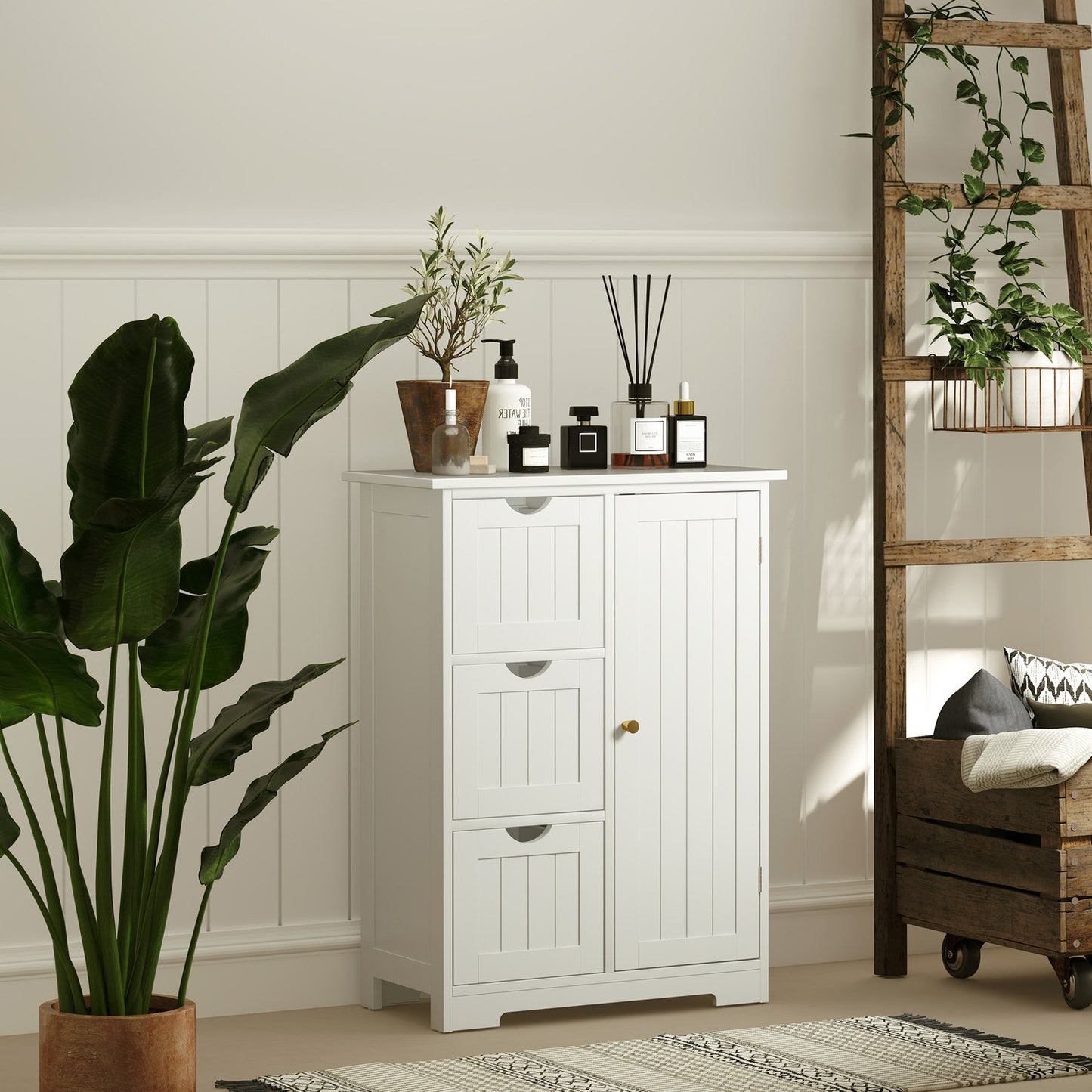 White side cabinet for bathroom with 3 drawers & adjustable shelf