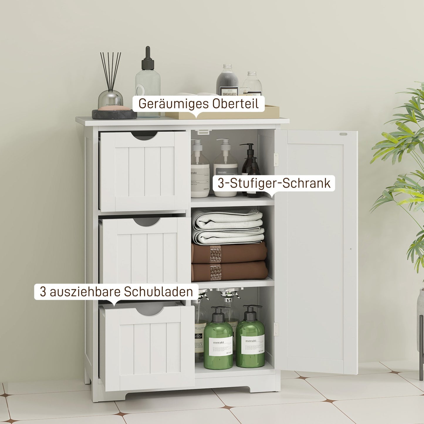 White side cabinet for bathroom with 3 drawers & adjustable shelf